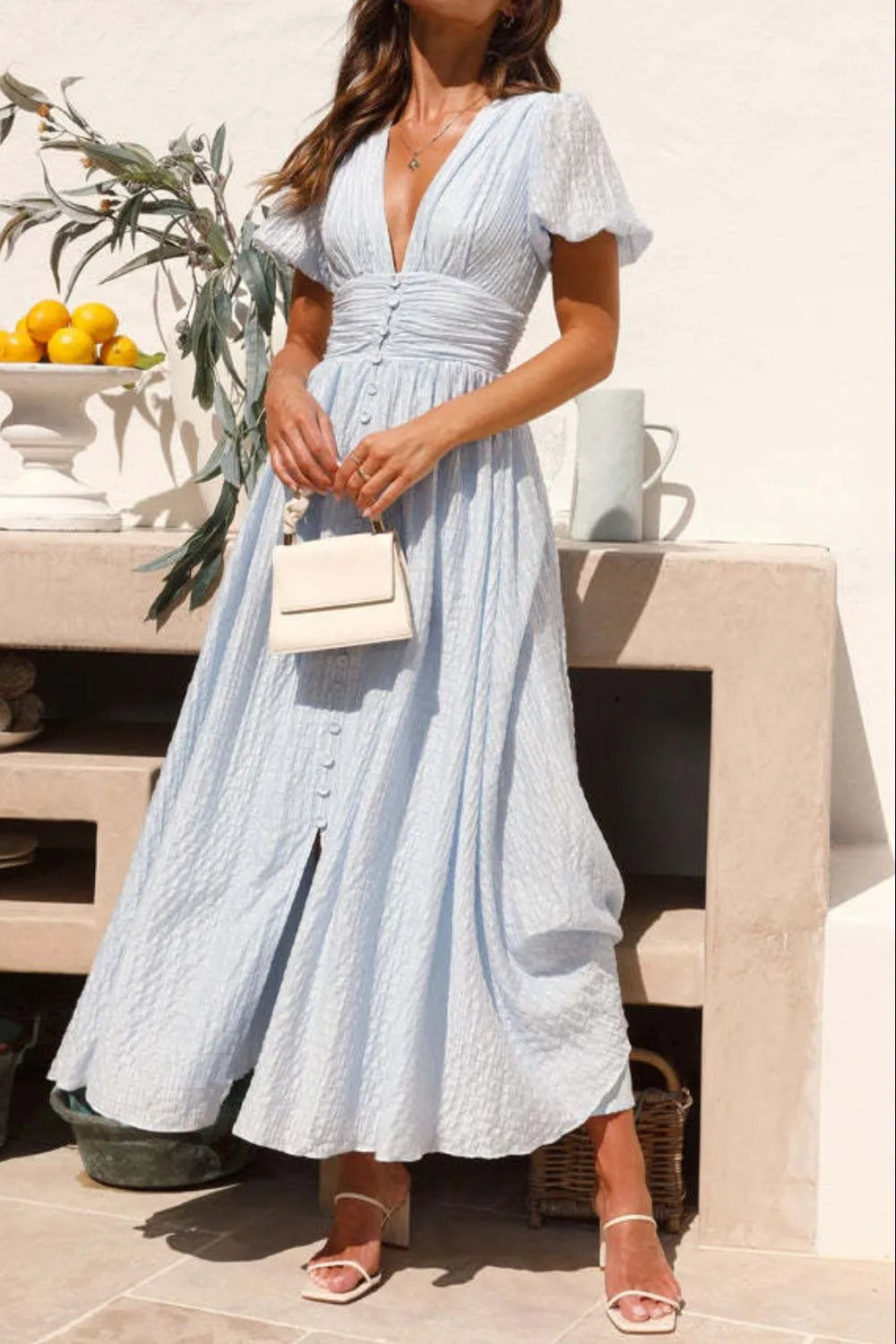 V-Neck Puff Short Sleeve Midi Dress Light Blue 49a25d65-637a-40a3-a698-873dcf60967b-Max-Origin