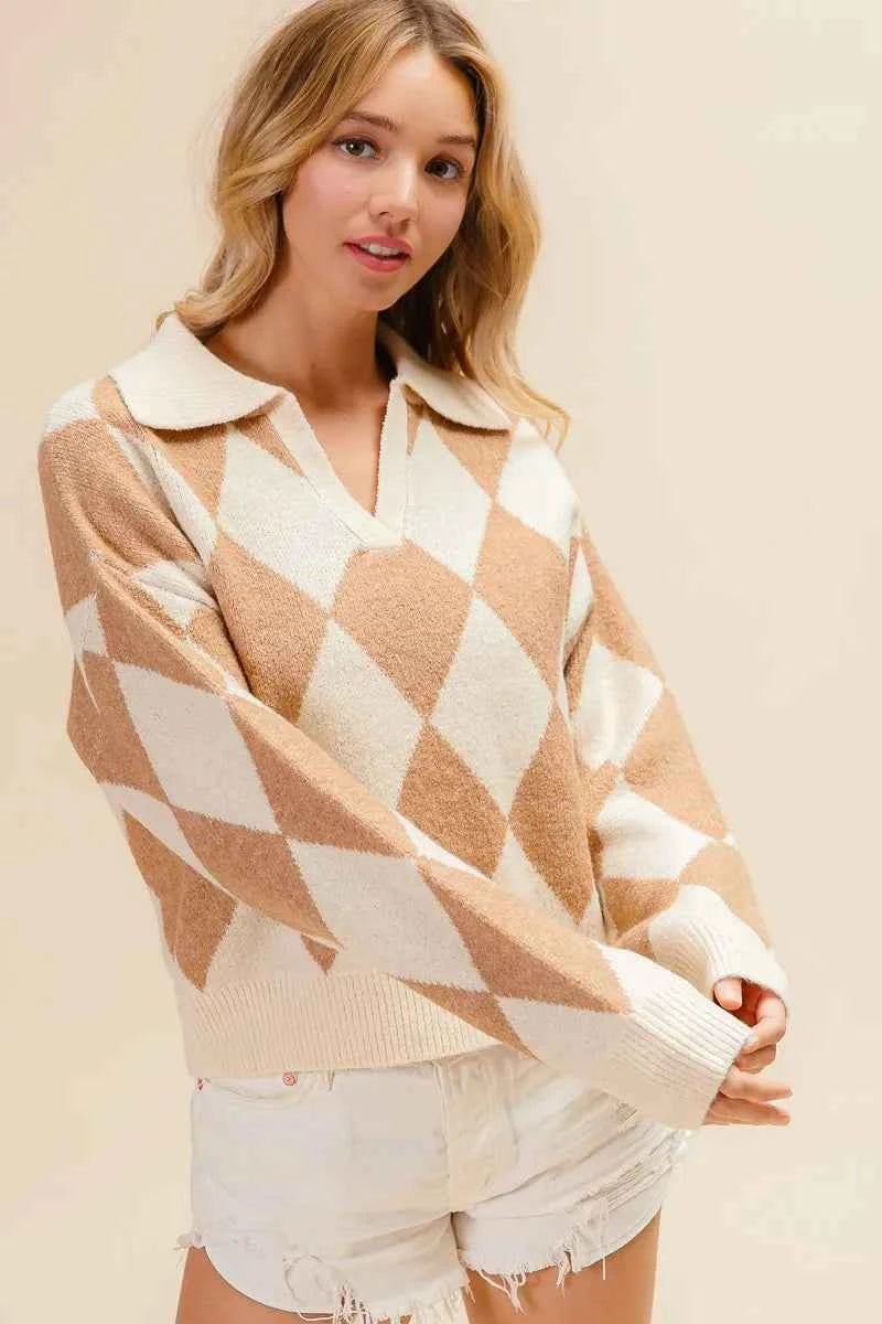 BiBi Diamond Pattern Collared Notch Neck Sweater 49af2841978a4d7e9da37a7dcf7003b4-Max-Origin