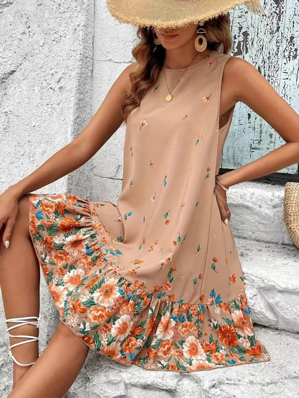 Ruffled Hem Floral Sleeveless Mini Tank Dress Tan 49b57a8d-6949-4283-9178-398b5a02d9b1-Max-Origin