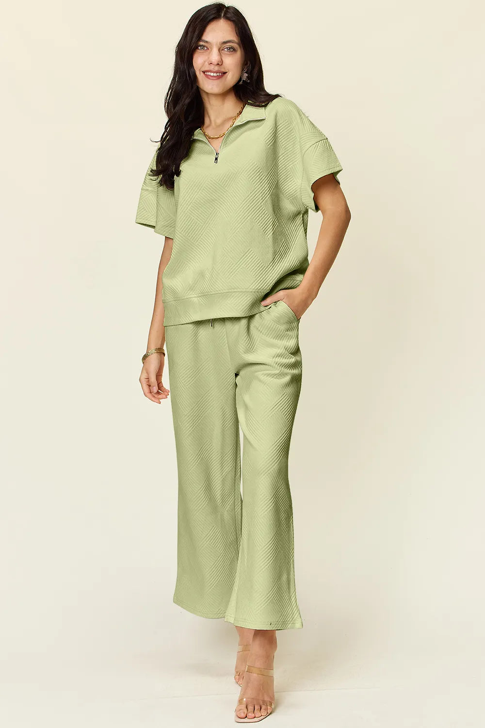 Double Take Full Size Texture Half Zip Short Sleeve Top and Pants Set Mist Green 49c64bcd-ac38-499f-9372-a77f6a45dc3a-Max