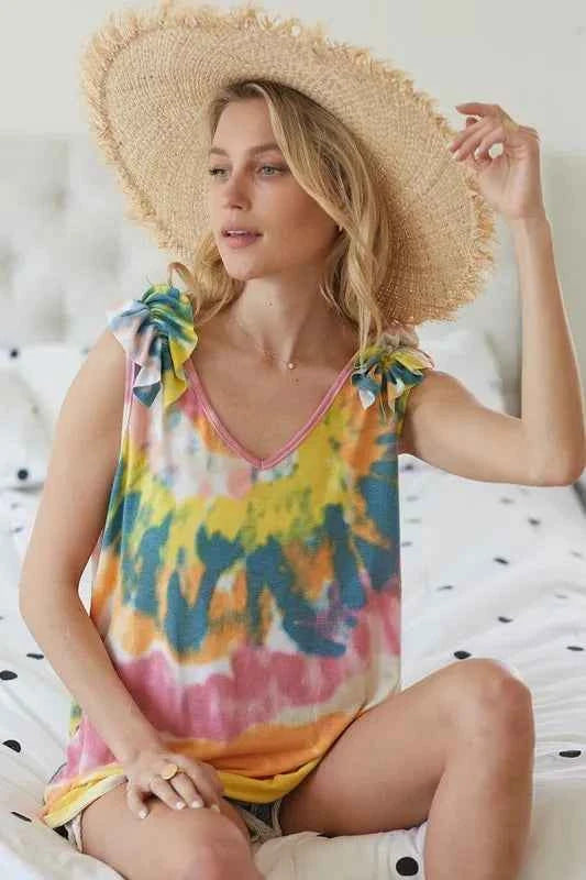 BiBi Circular Tie Dye Knit V Neck Top With Ruffle 49d780e5fd914609923b0c992ff27761-Max-Origin