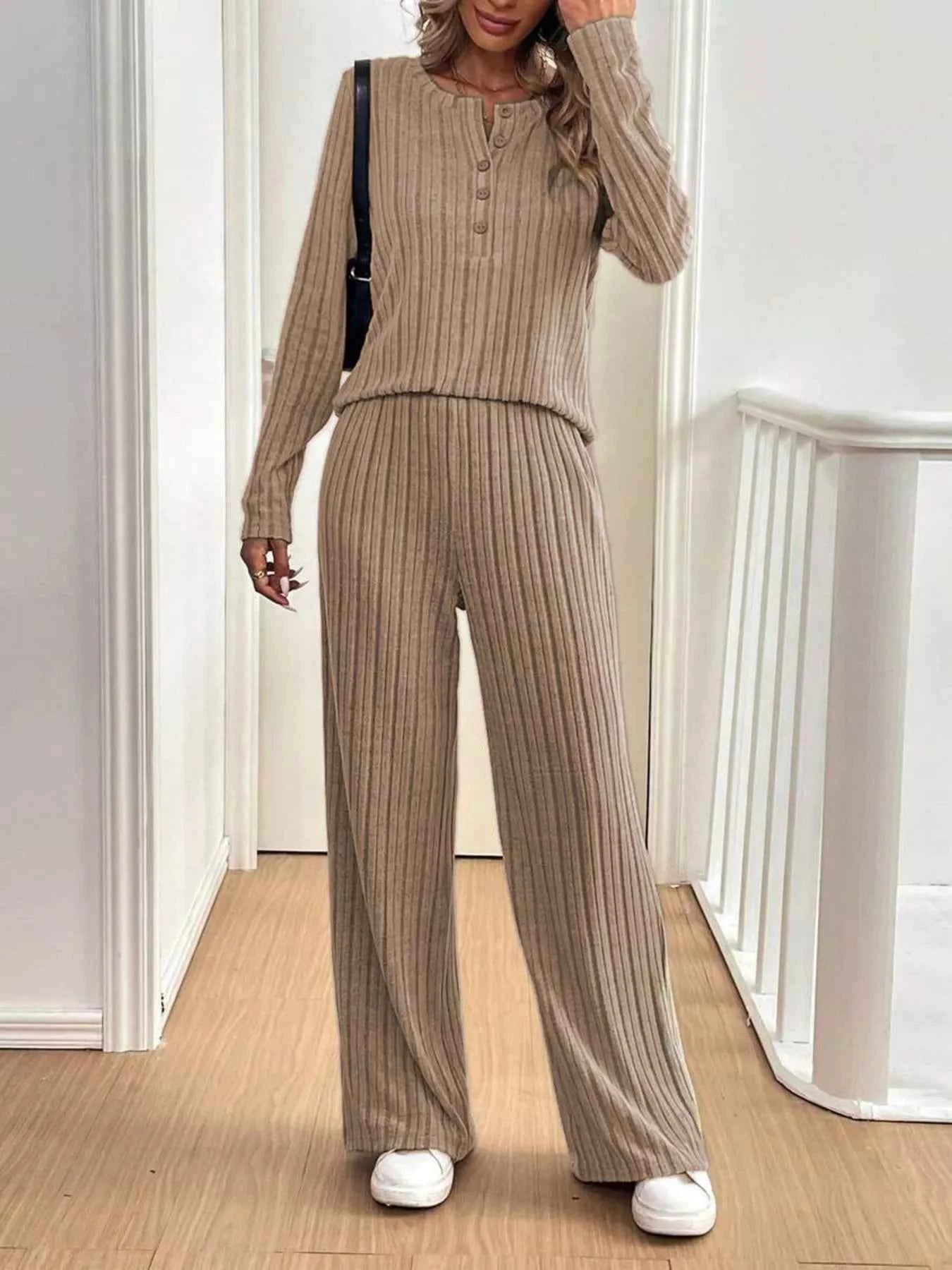 Button Detail Long Sleeve Top and Pants Set Taupe 49e48400-a3ae-4e2b-8380-0acc875bb02b-Max-Origin