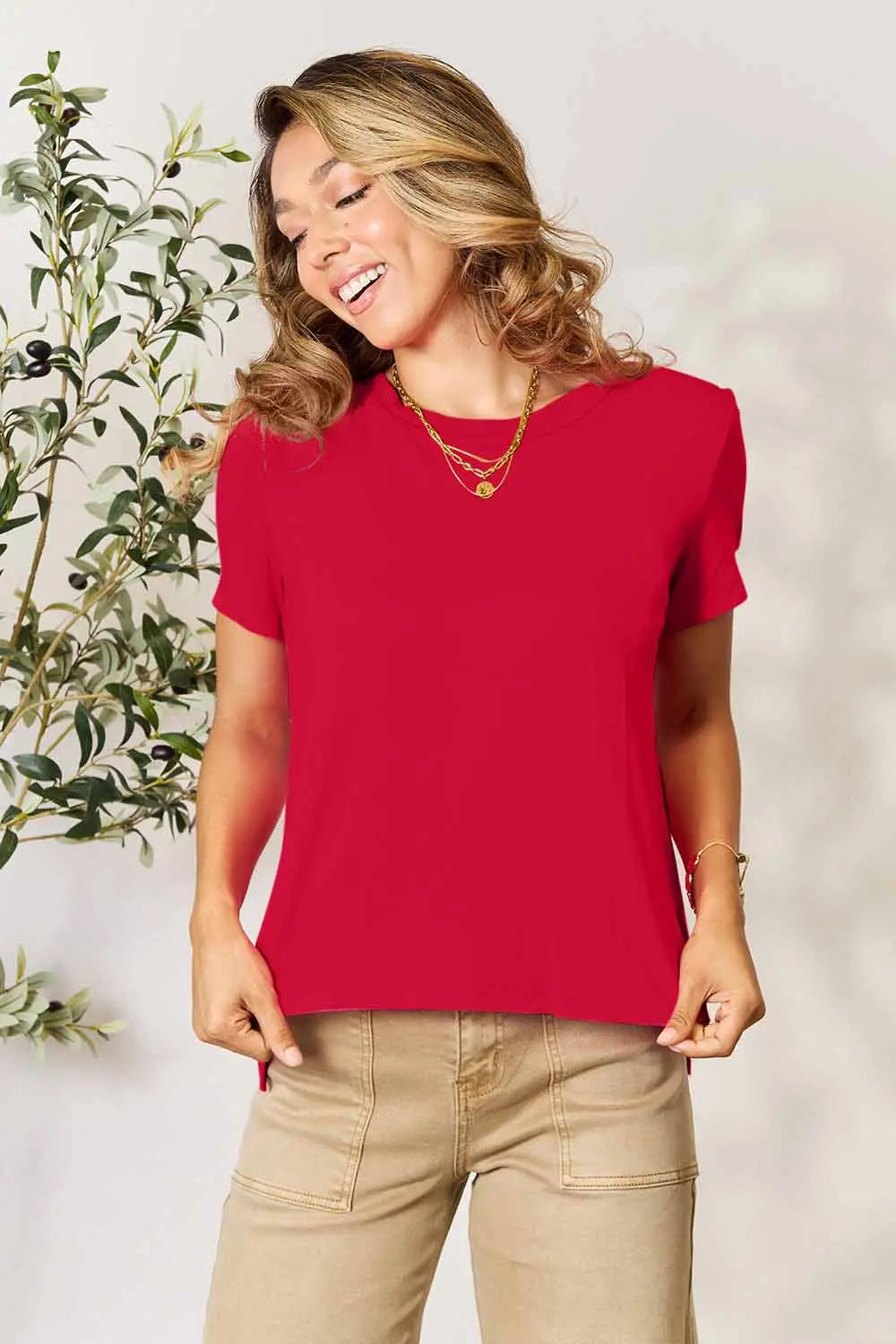 Basic Bae Full Size Round Neck Short Sleeve T-Shirt Red 4a08b5a33d3d4694b4c4a485134312ff-Max