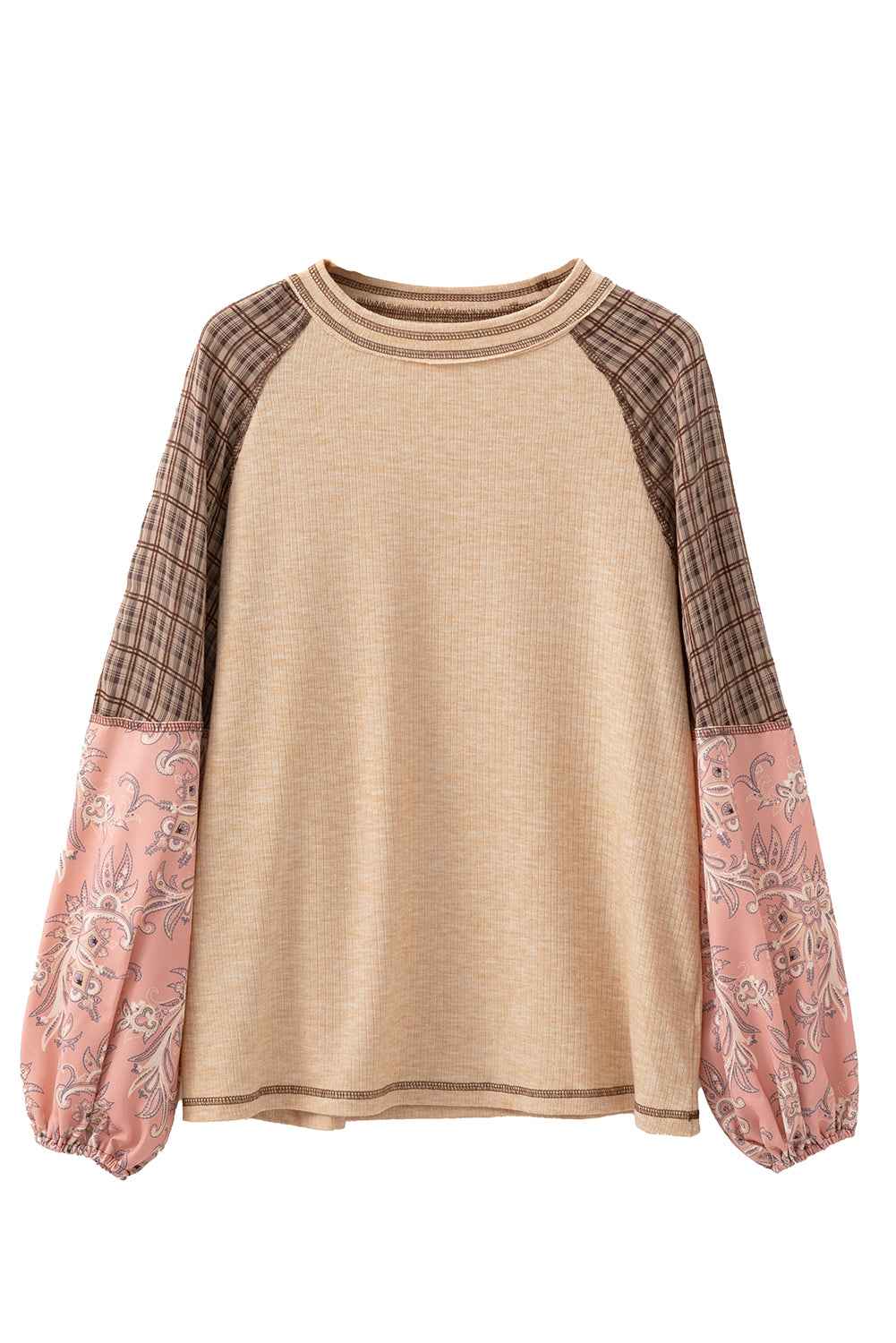 Jet Stream Floral Plaid Mixed Print Patchwork Raglan Ribbed Top Jet Stream 85%Polyester+10%Viscose+5%Elastane 4a1e5956fd6e20f4