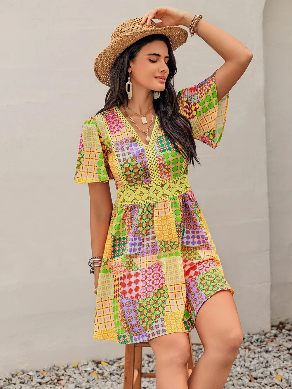 Crochet Trim Printed V-Neck Short Sleeve Mini Dress 4a23dd4d-7a6d-4323-b20f-054037a0075d-Max