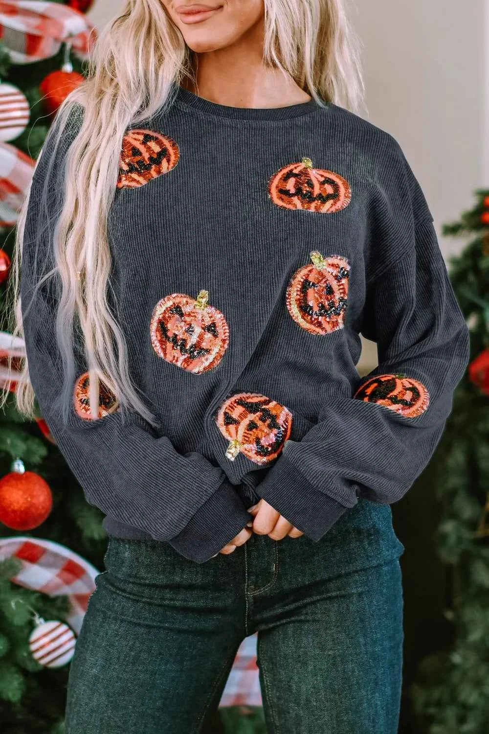 Sequin Patch Pumpkin Round Neck Sweatshirt Dark Gray 4a2e7cdc-9511-4ee9-9a40-e38e6534cd8a-Max