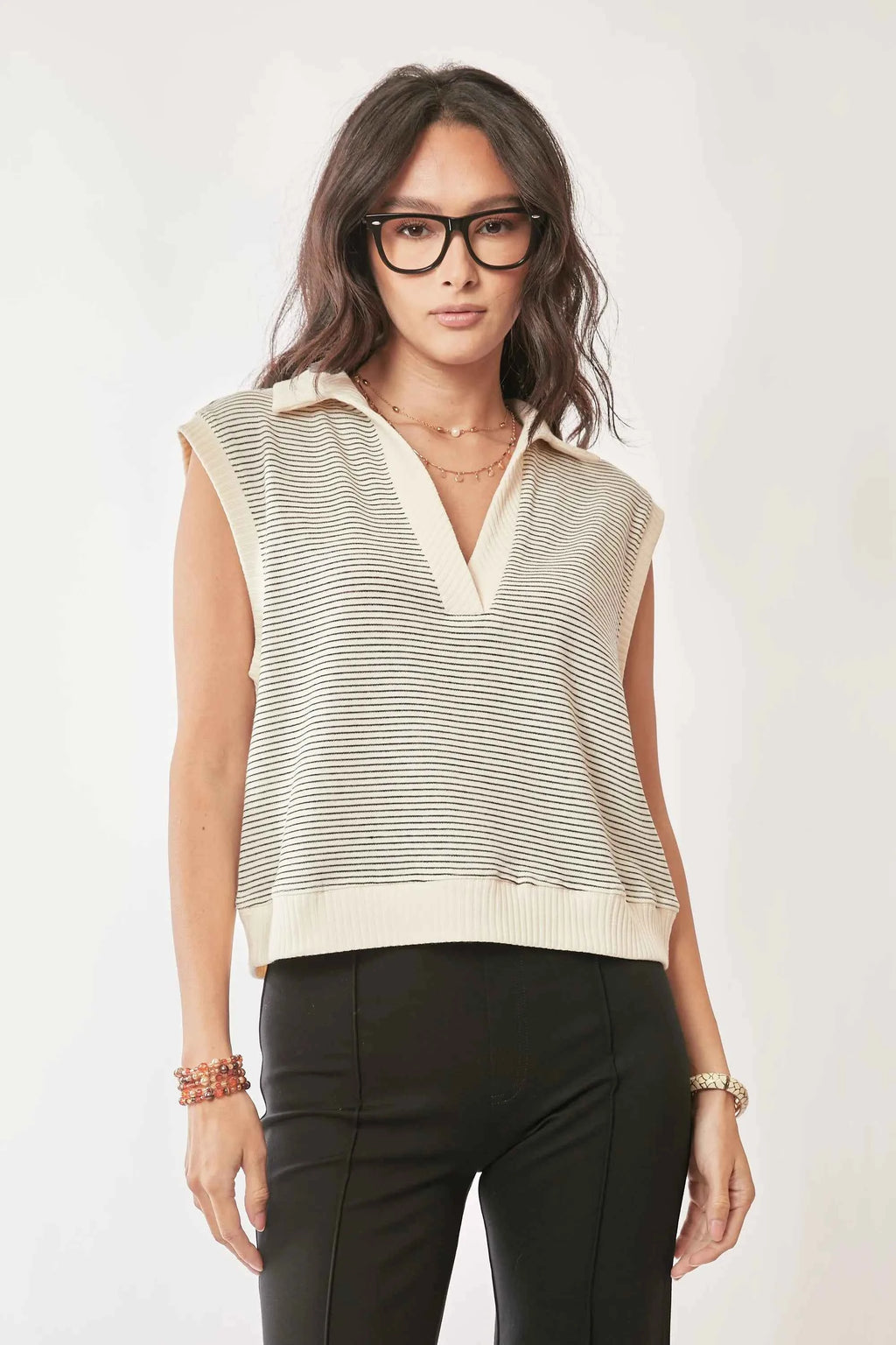 Davi & Dani French Terry Boxy Fit Striped Sweater Vest CREAM BLACK 4a3f243acf6a44a18374ec7c2aed1676-Max-Origin
