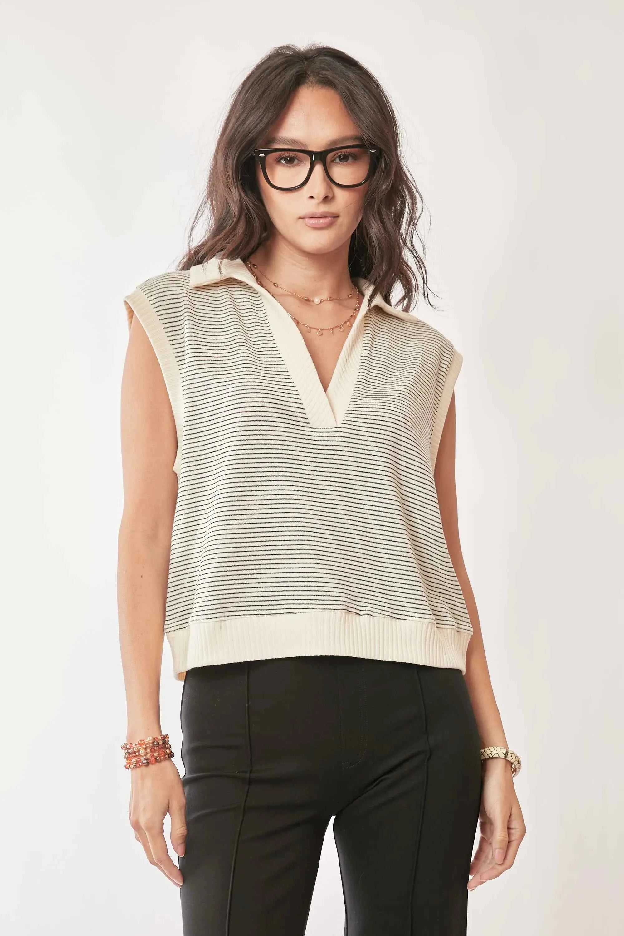 Davi & Dani French Terry Boxy Fit Striped Sweater Vest CREAM BLACK 4a3f243acf6a44a18374ec7c2aed1676-Max-Origin