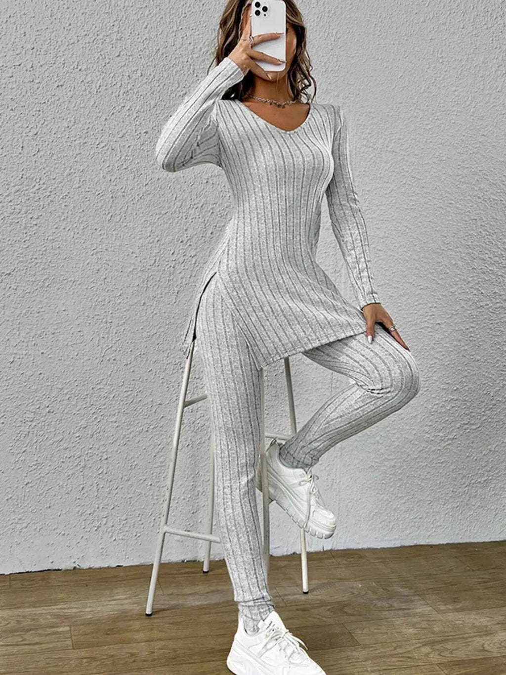 Slit V-Neck Ribbed Top and Pants Set Light Gray 4a4e4a223ca4463a8cdcc16ae19e5fb6-Max-Origin
