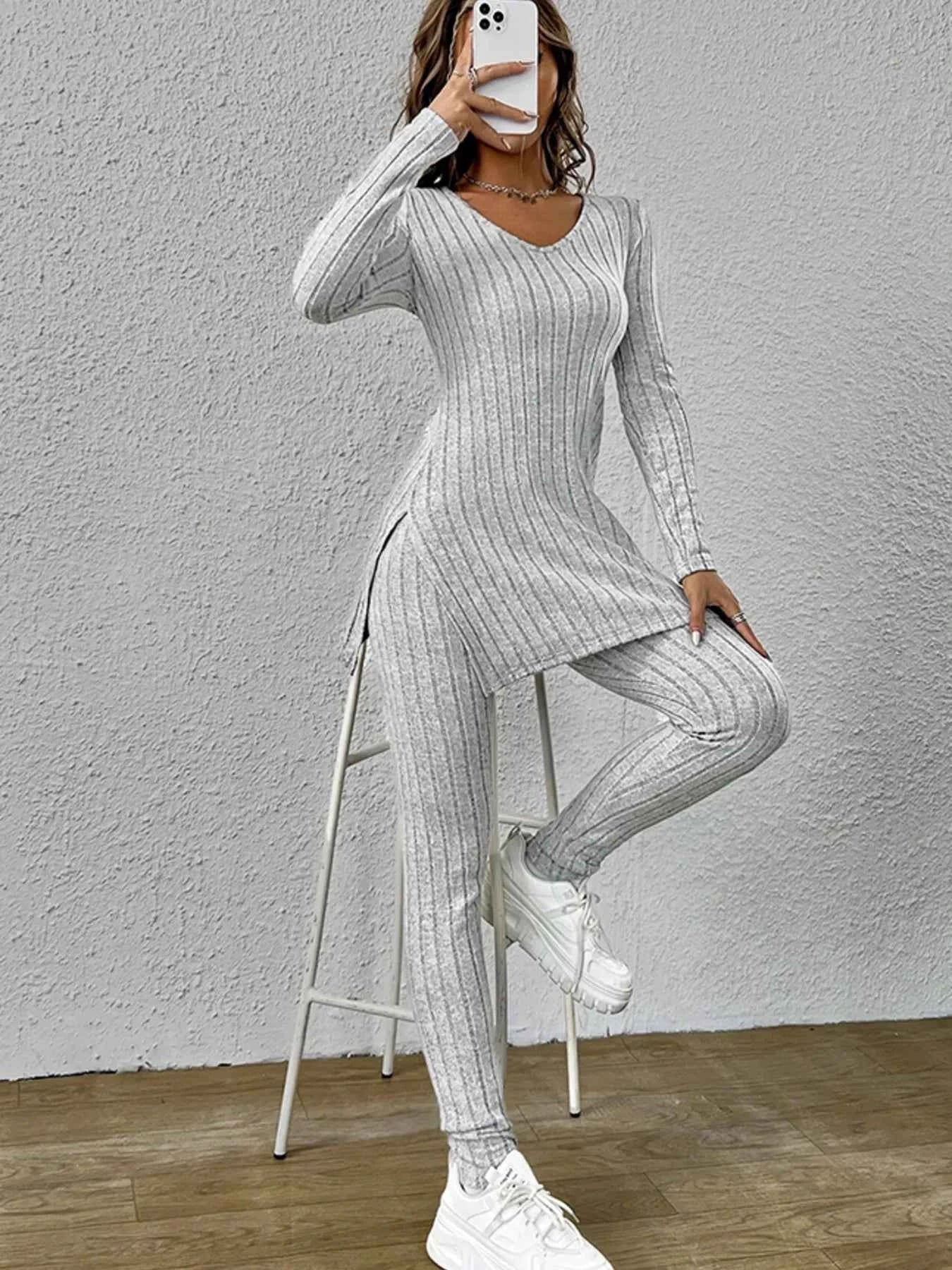 Slit V-Neck Ribbed Top and Pants Set Light Gray 4a4e4a223ca4463a8cdcc16ae19e5fb6-Max-Origin
