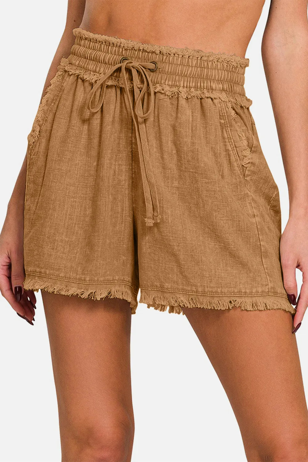 Zenana Washed Linen Frayed Hem Drawstring Shorts 4a5a8701-a415-40f0-b273-60aa2add4175-Max
