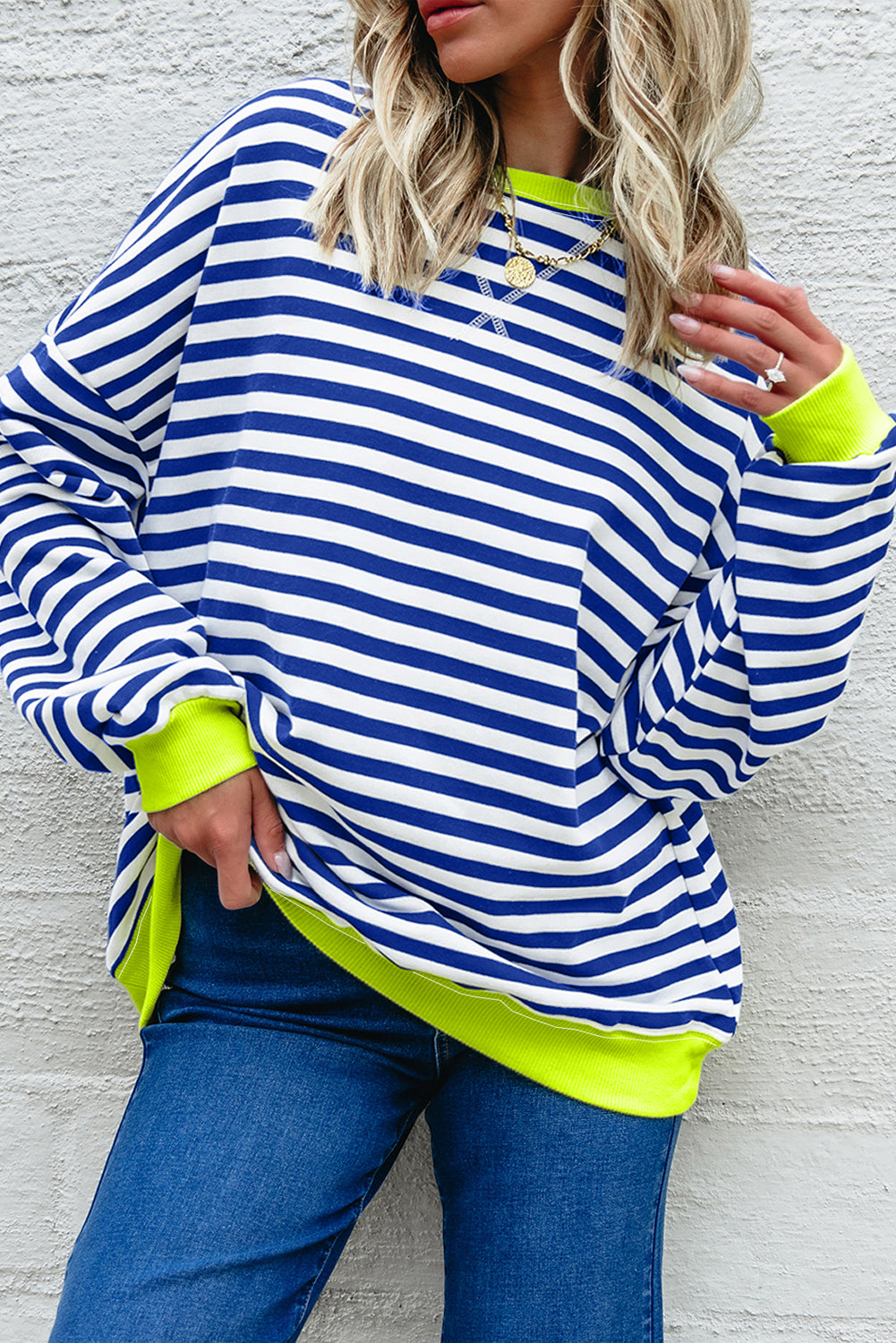 White Striped Contrast Trim Drop Shoulder Sweatshirt 4a60d497bc96368f