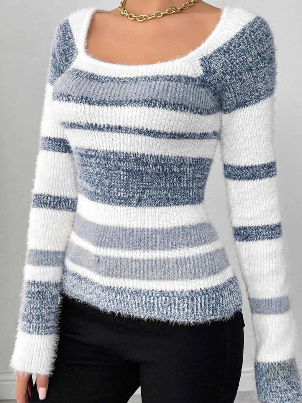 Striped Fuzzy Long Sleeve Sweater Dusty Blue 4a69e879be60497f849cf9cb3306d3ce-Max-Origin
