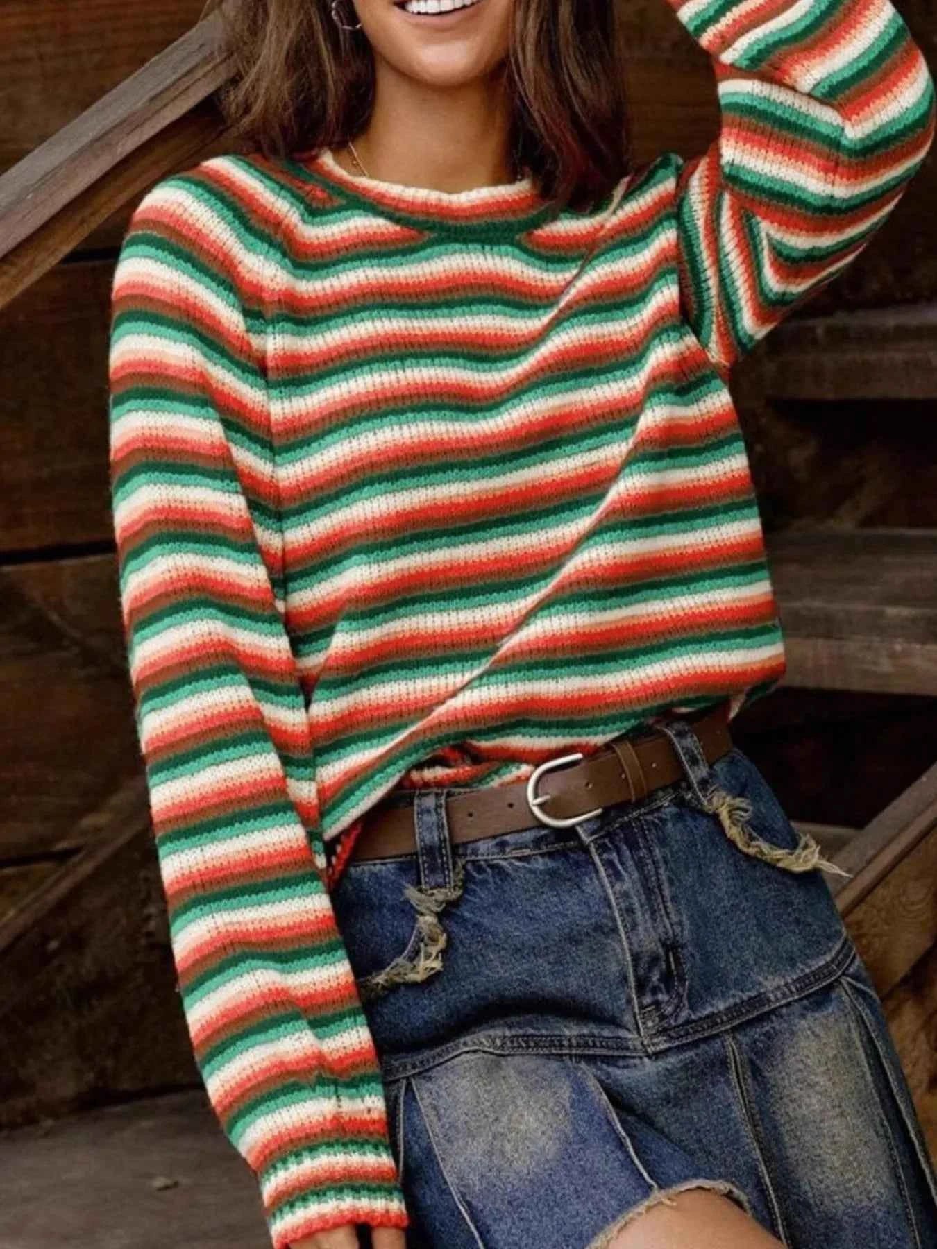 Rainbow Striped Pullover Sweater Dark Green 4a6d5a4a-df18-4948-b659-5aa0fb26b27a-Max-Origin