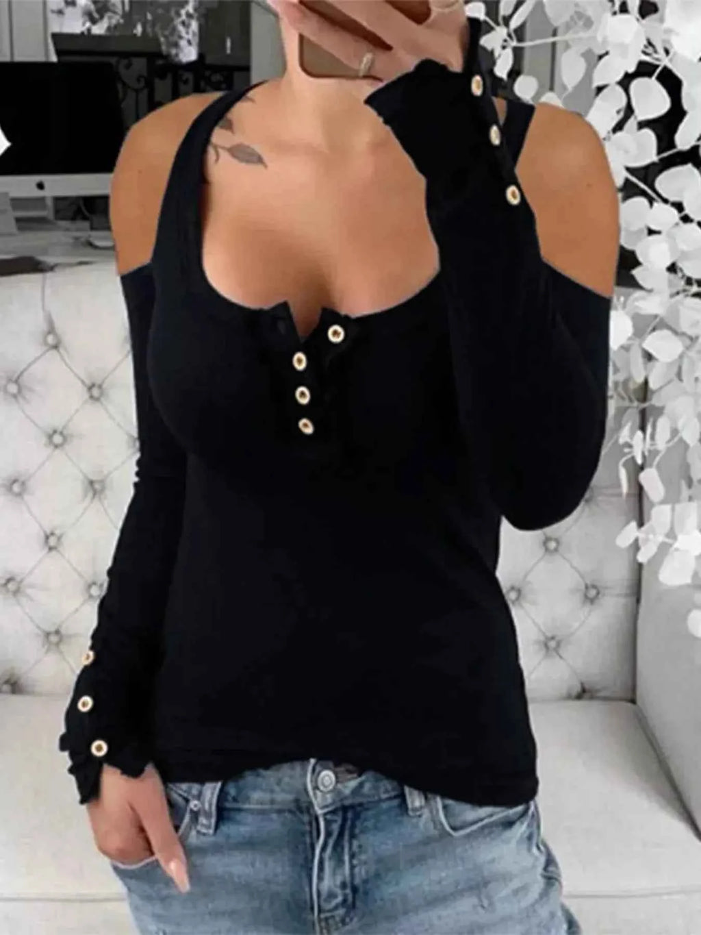 Cold Shoulder Ribbed Henley T-Shirt with Button Detail 4a7b7ab0d8244429b10b3d1ca61fa9c1-Max-Origin