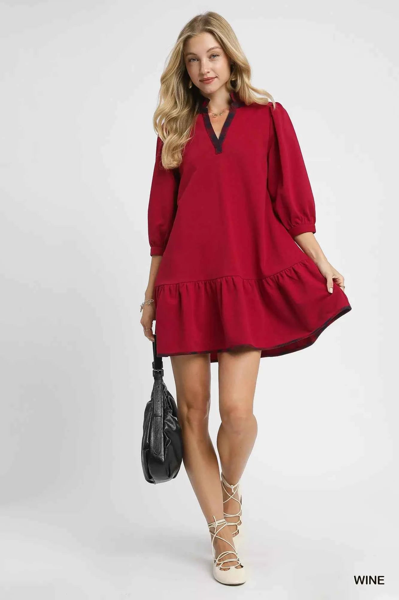 Umgee French Terry Ruffle Hem Dress with Plaid Trim 4a7e1a50-9517-47a6-8207-5a09040603a4-Max-Origin