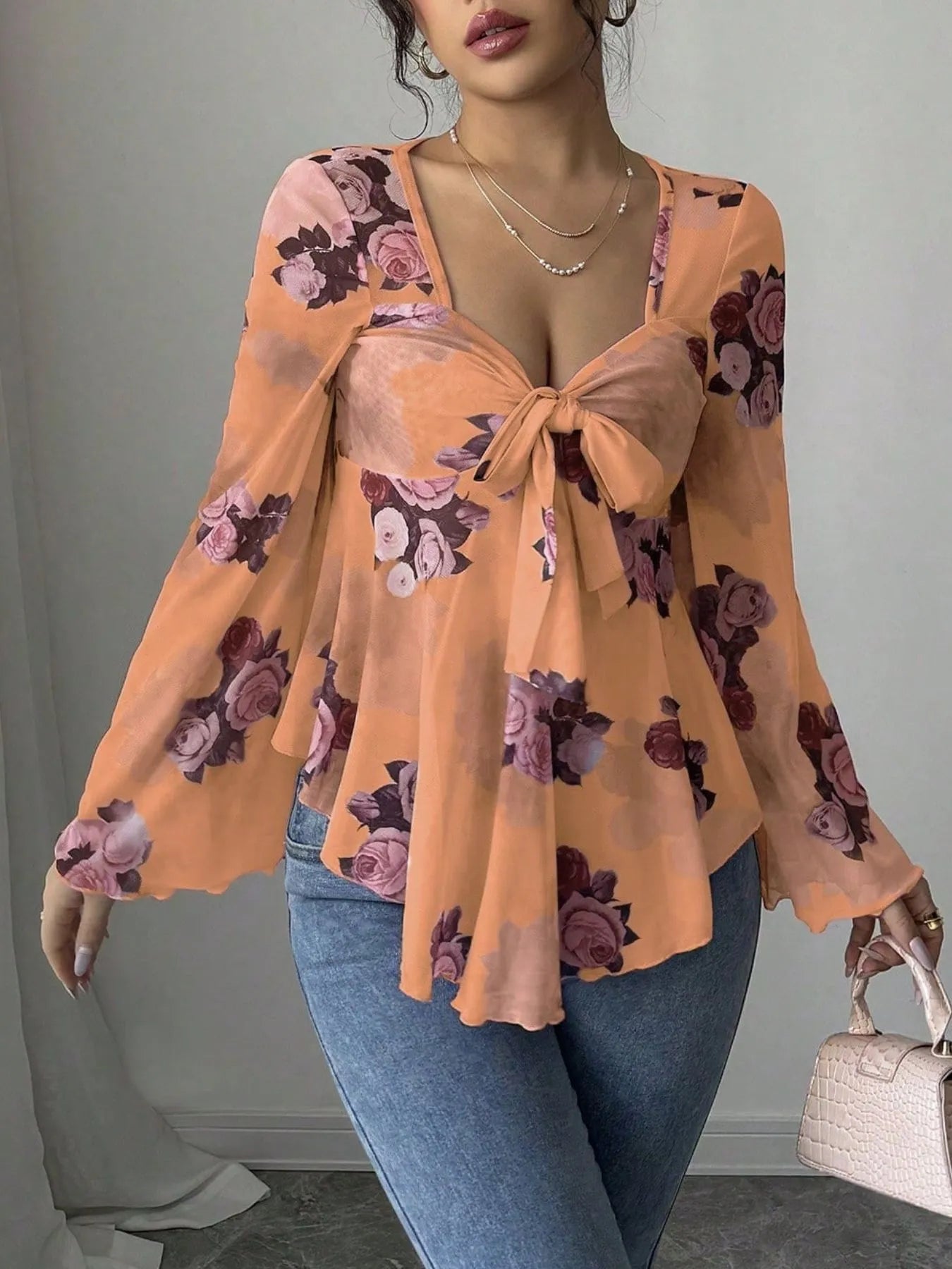 Floral Tie Front Flare Sleeve Blouse 4a865343-bb72-466b-930e-3cbb65970c2a-Max-Origin