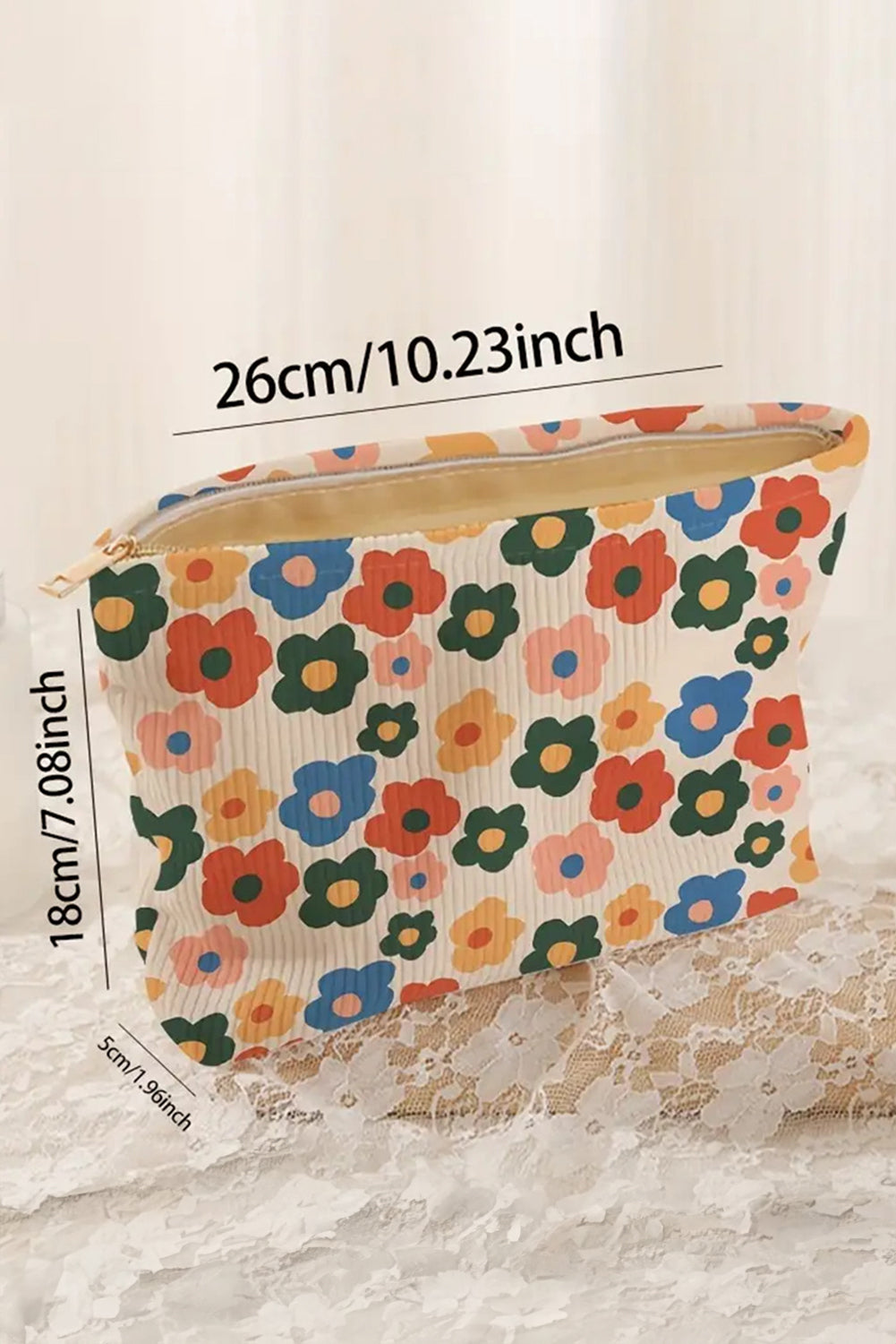 Red Colorful Flower Printed Rib Textured Cosmetic Bag 4a9304ccafca2073