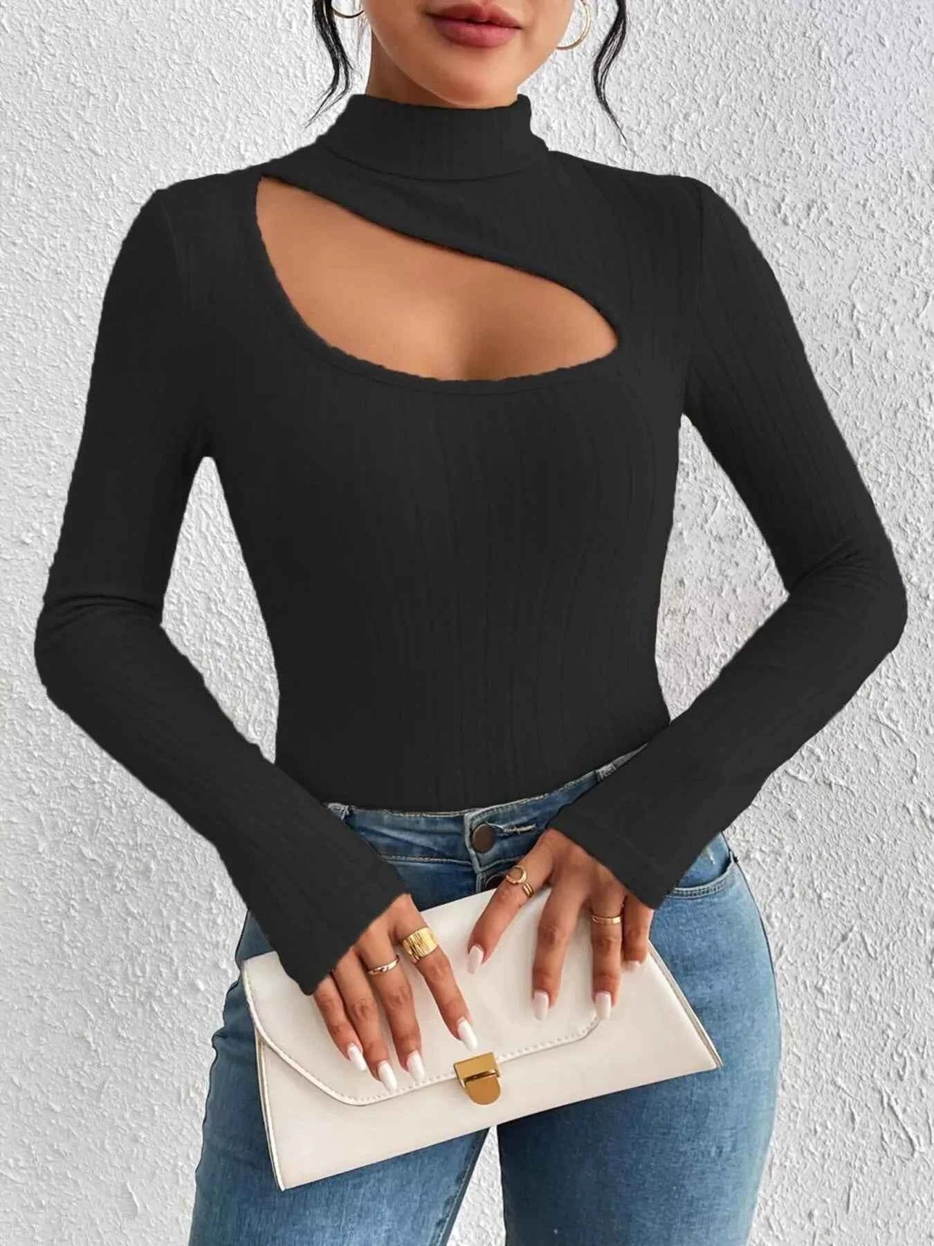 Ribbed Turtleneck Cutout Long Sleeve T-Shirt 4a996175ab3e43b4b129270faa0f74e5-Max-Origin