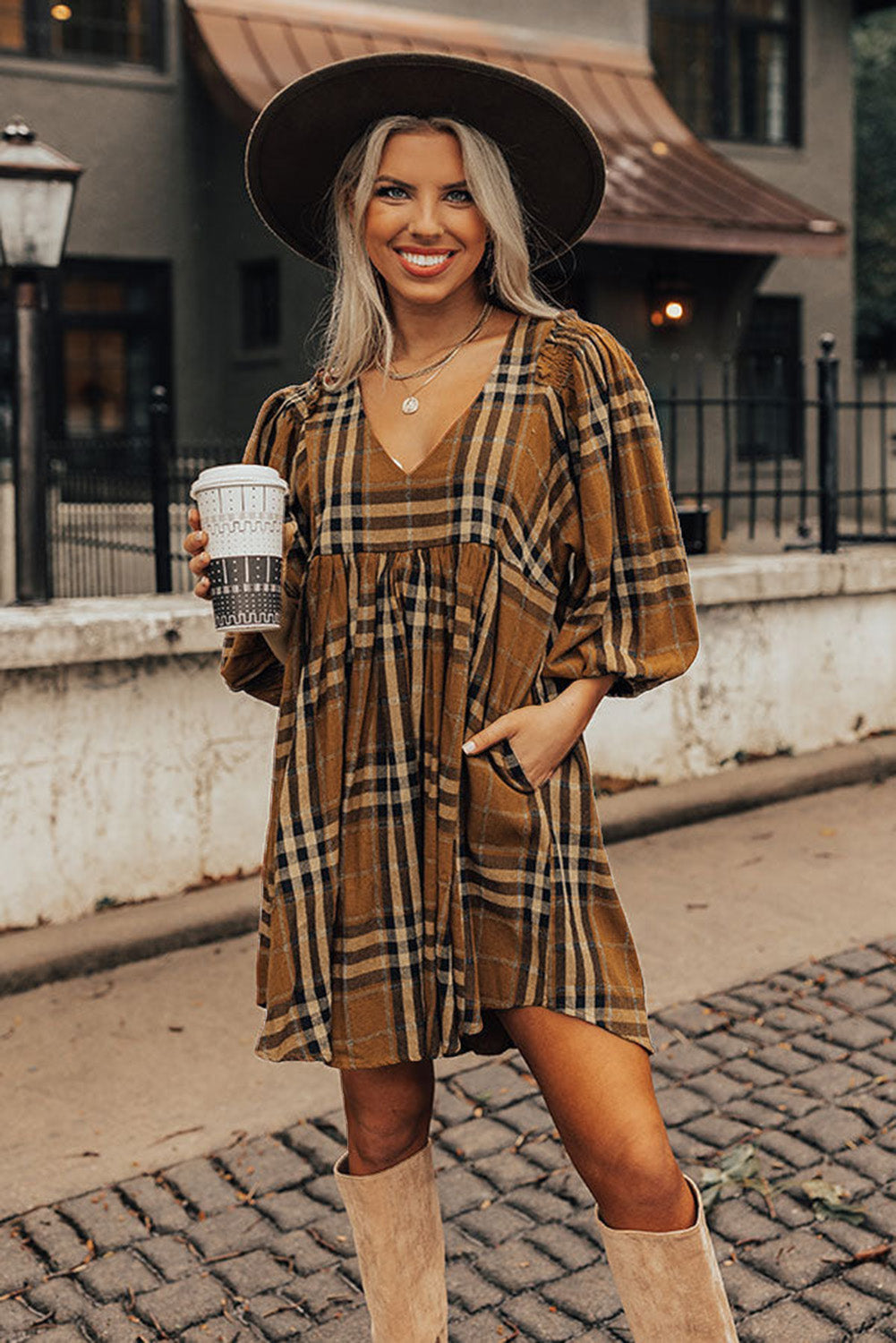 Brown Plaid Pattern Empire Waist Babydoll Dress 4a9c56ca51433f99