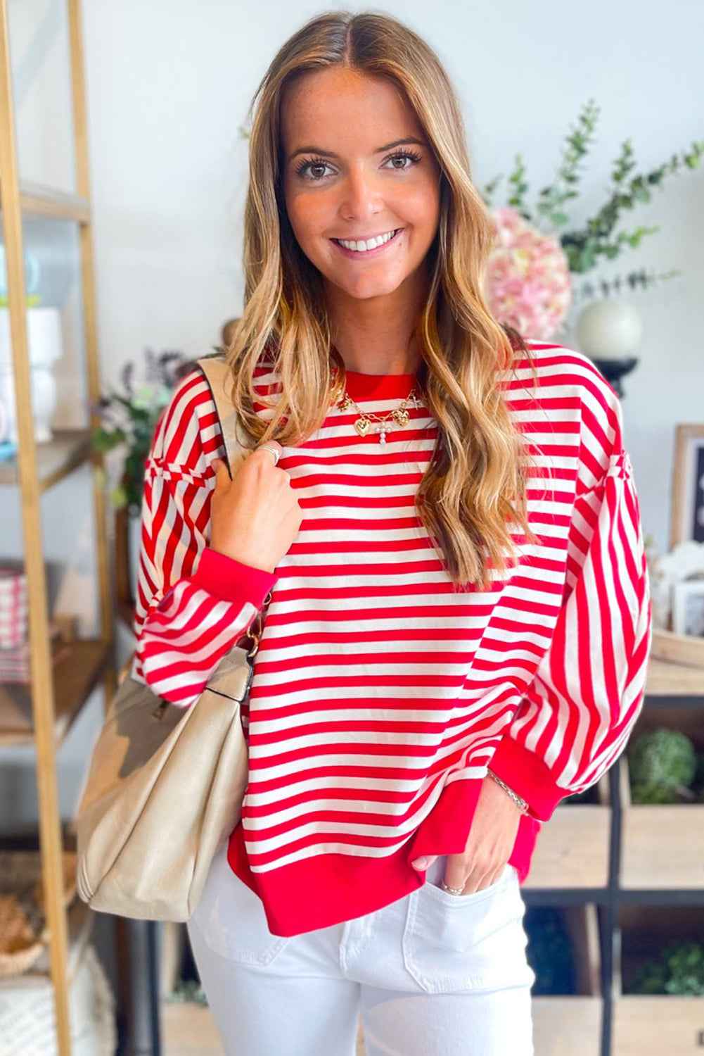 Red Striped Exposed Seam Drop Shoulder Long Sleeve Top 4a9c9f22282eb695