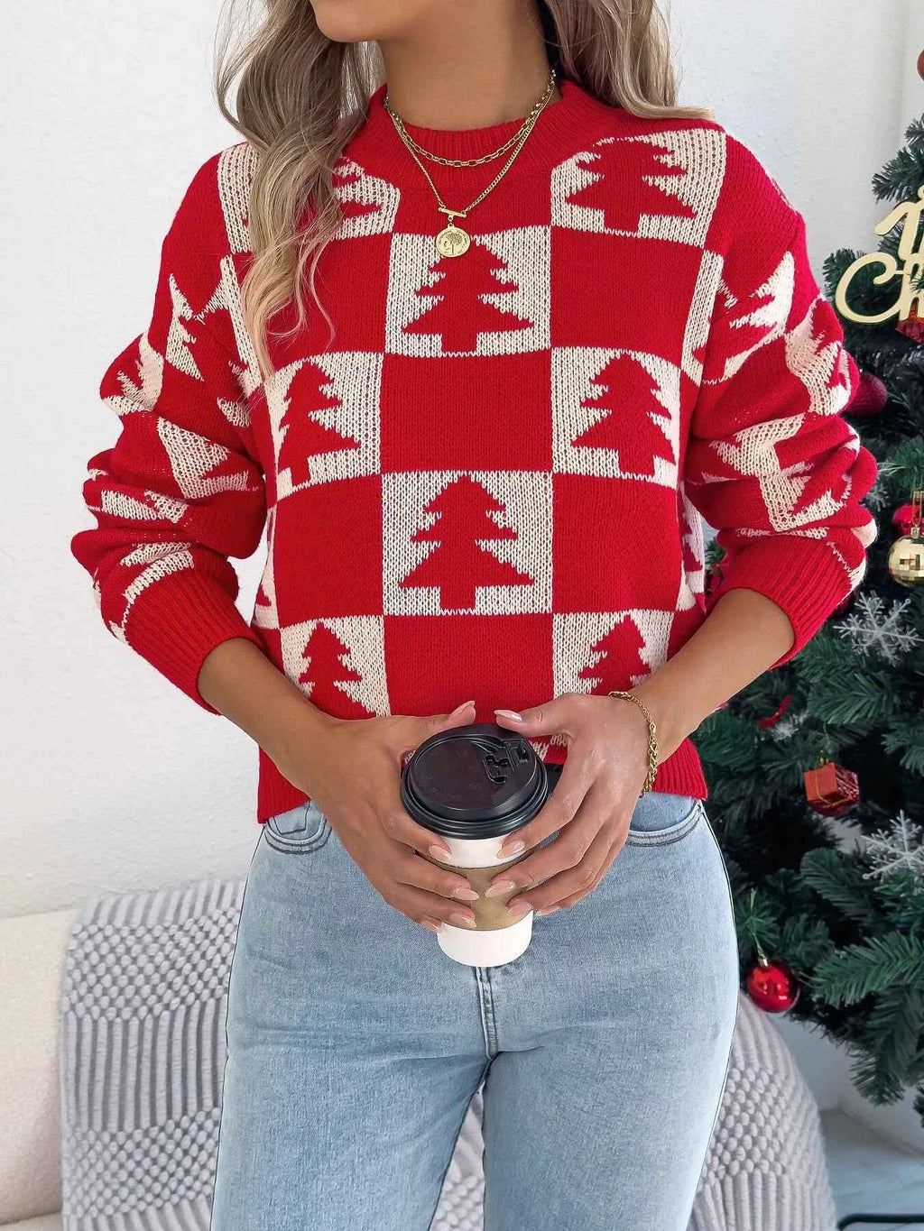 Christmas Tree Checkerboard Pattern Sweater Red 4aa96fb9e43a48458b3b0e5e6215d48b-Max-Origin