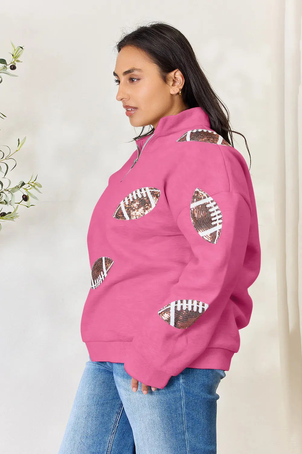 Full Size Sequin Football Half Zip Long Sleeve Sweatshirt 4accee32fda54f76811247e487693fd3-Max