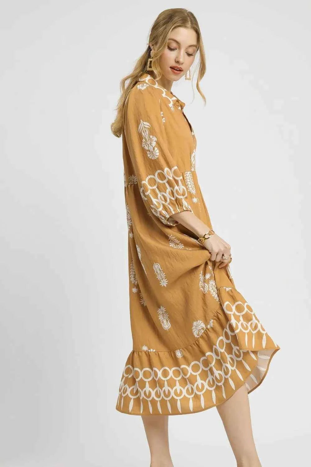 Umgee Ruffled Hem Printed Johnny Collar Midi Dress 4adaa374-f157-4364-a135-2e4da0d5ebc8-Max-Origin