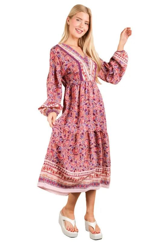 VERY J Floral Printed Boho V-Neck Balloon Sleeve Dress 4adb5a4c69cc4c32a1757eb5aa854d65-Max-Origin