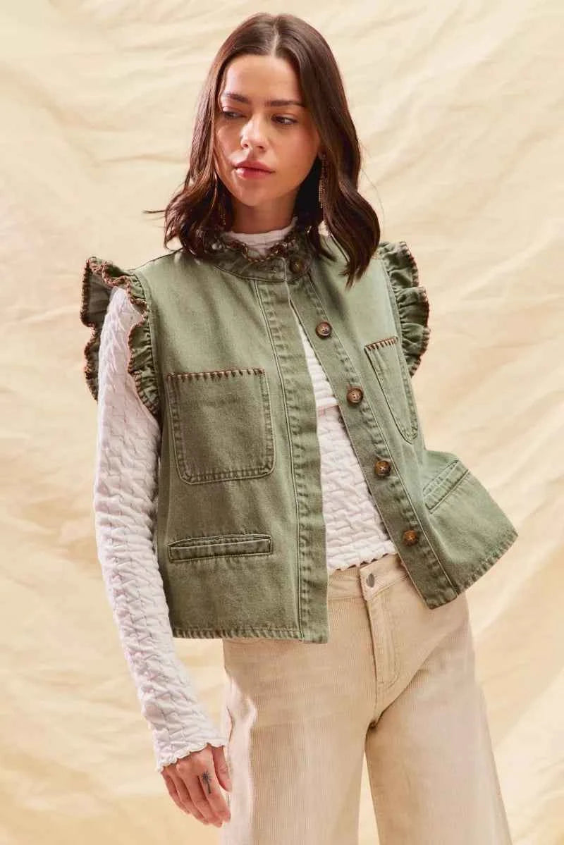 SO ME Washed Denim Stitch Ruffled Hidden Button Vest Top 4ae555fe4c024af6a216016d2bb6ac15-Max-Origin