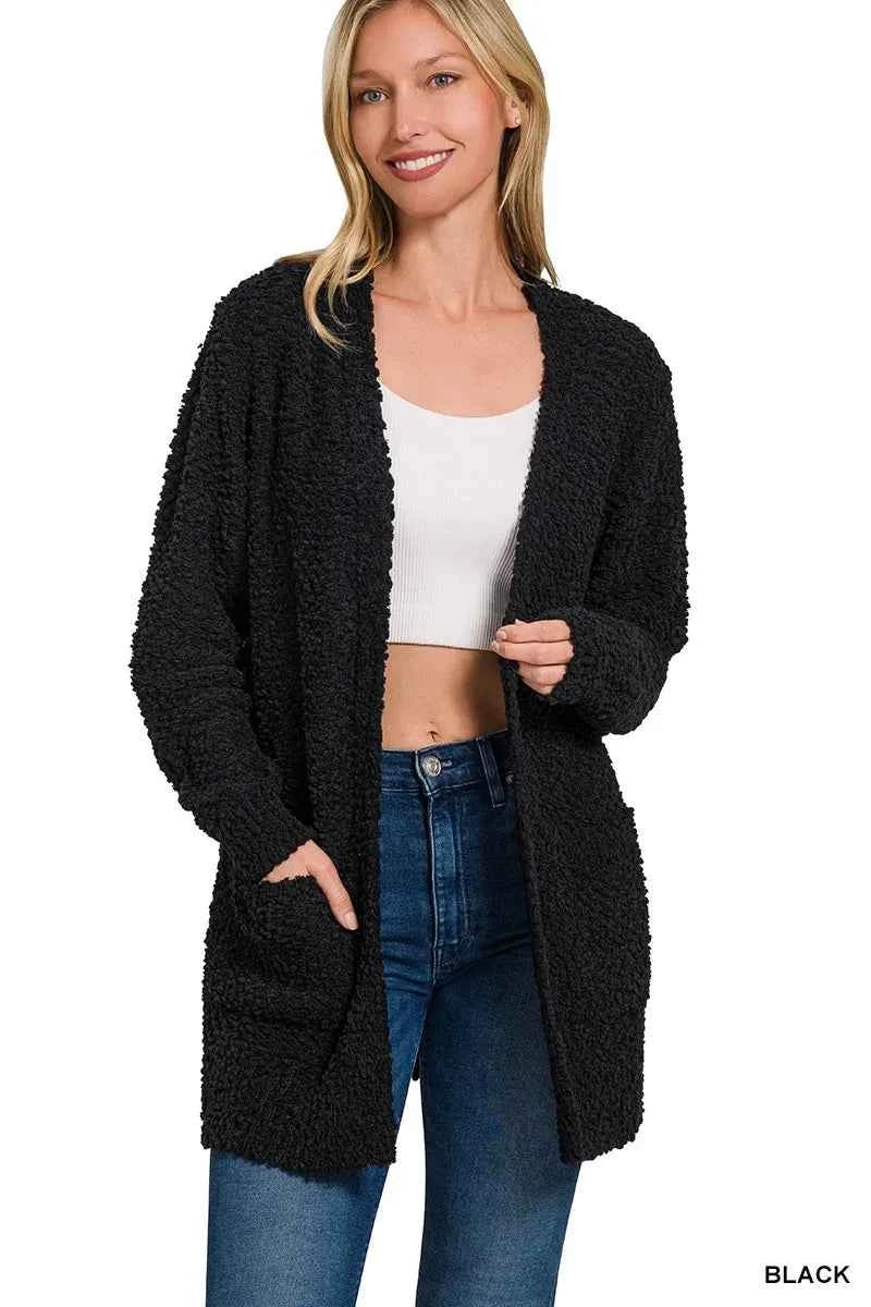 Zenana Long Sleeve Popcorn Sweater Cardigan with Pockets BLACK 4af74f499c554e08ae103eed6b5fd321-Max-Origin