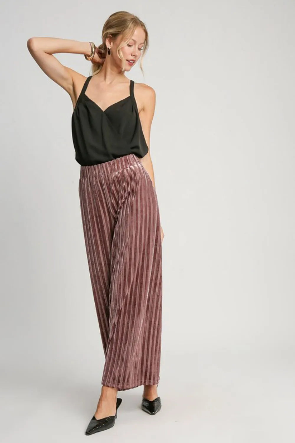 Umgee Full Size Elastic Waist Striped Wide Leg Velvet Pants 4b089e54-6272-4bd9-b668-1b30dd6f05cd-Max