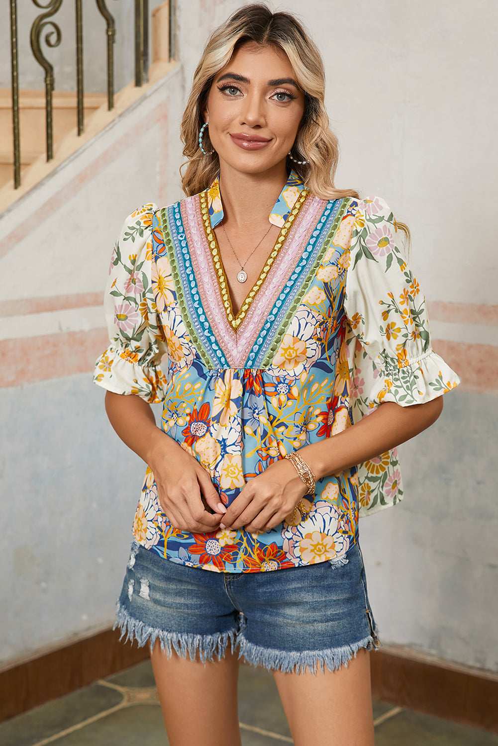 Multicolour Half Sleeve Boho Floral Pop of Color Neckline Blouse 4b0e30cfdc2796fd-_5