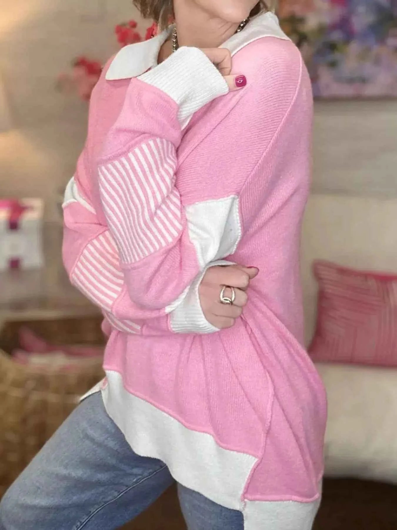 Contrasting Polo Collar Color Block Knit Drop Shoulder Sweater 4b16d389-69a5-459a-8ba9-2da2e8131cc7-Max-Origin