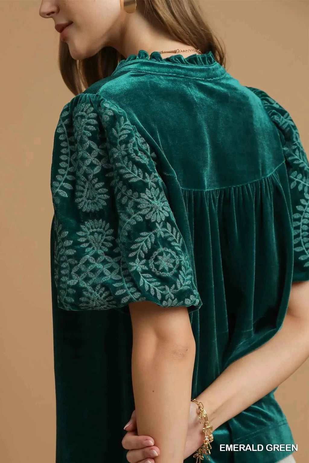 Umgee Velvet Embroidered Sleeve Blouse 4b2632df-5dd7-427a-ad3f-d1c7a7db2678-Max-Origin
