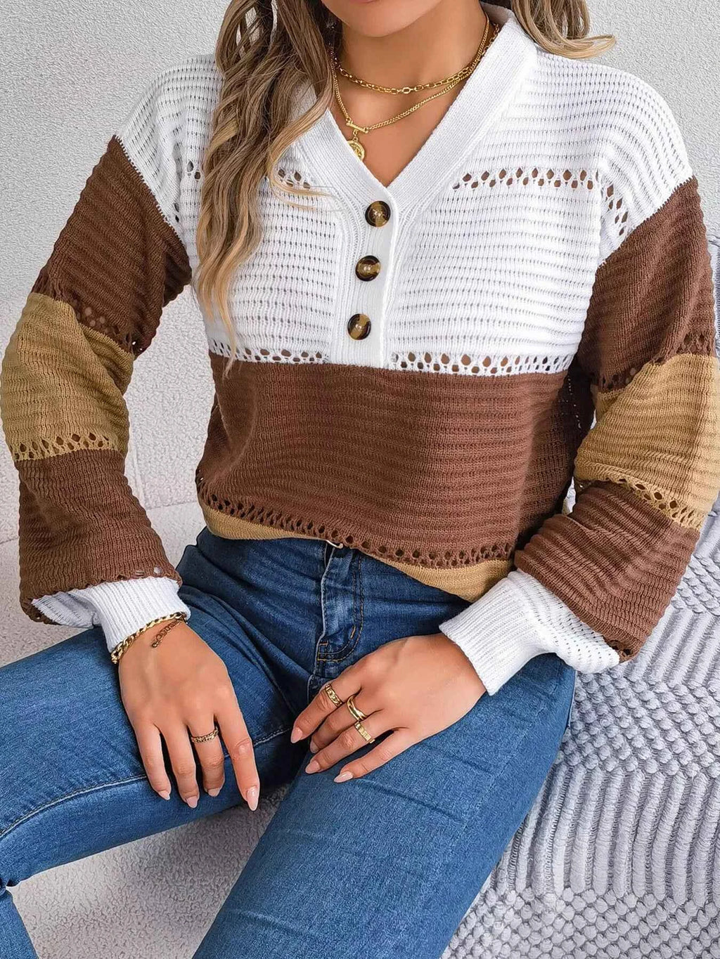 Color Block Striped V-Neck Button Detail Sweater 4b444d6eb8c4443aa0fec83887c29a04-Max-Origin