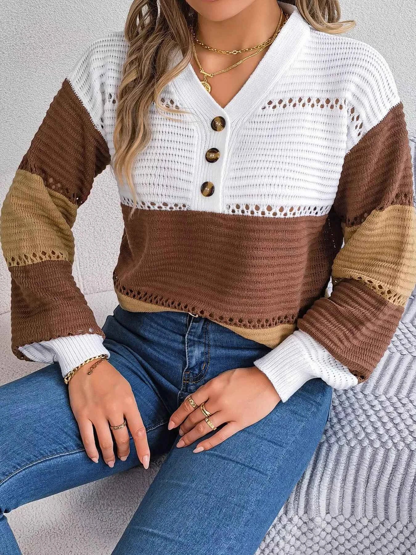 Color Block Striped V-Neck Button Detail Sweater 4b444d6eb8c4443aa0fec83887c29a04-Max-Origin