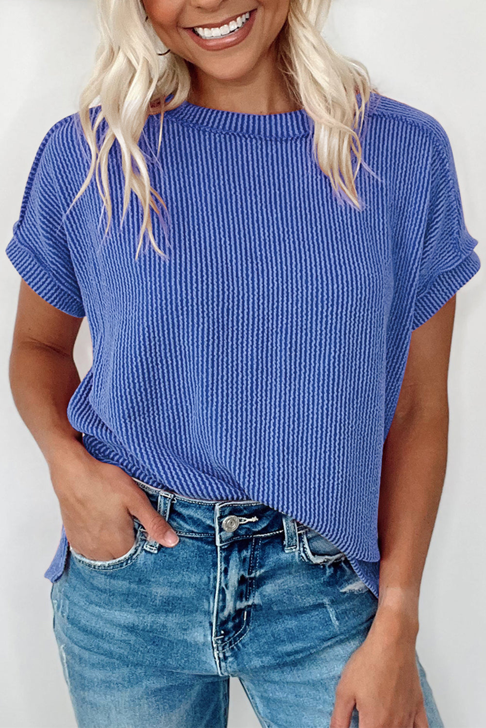 White Crinkle Rib Textured Knit Round Neck T Shirt 4b4fd968184dcebf