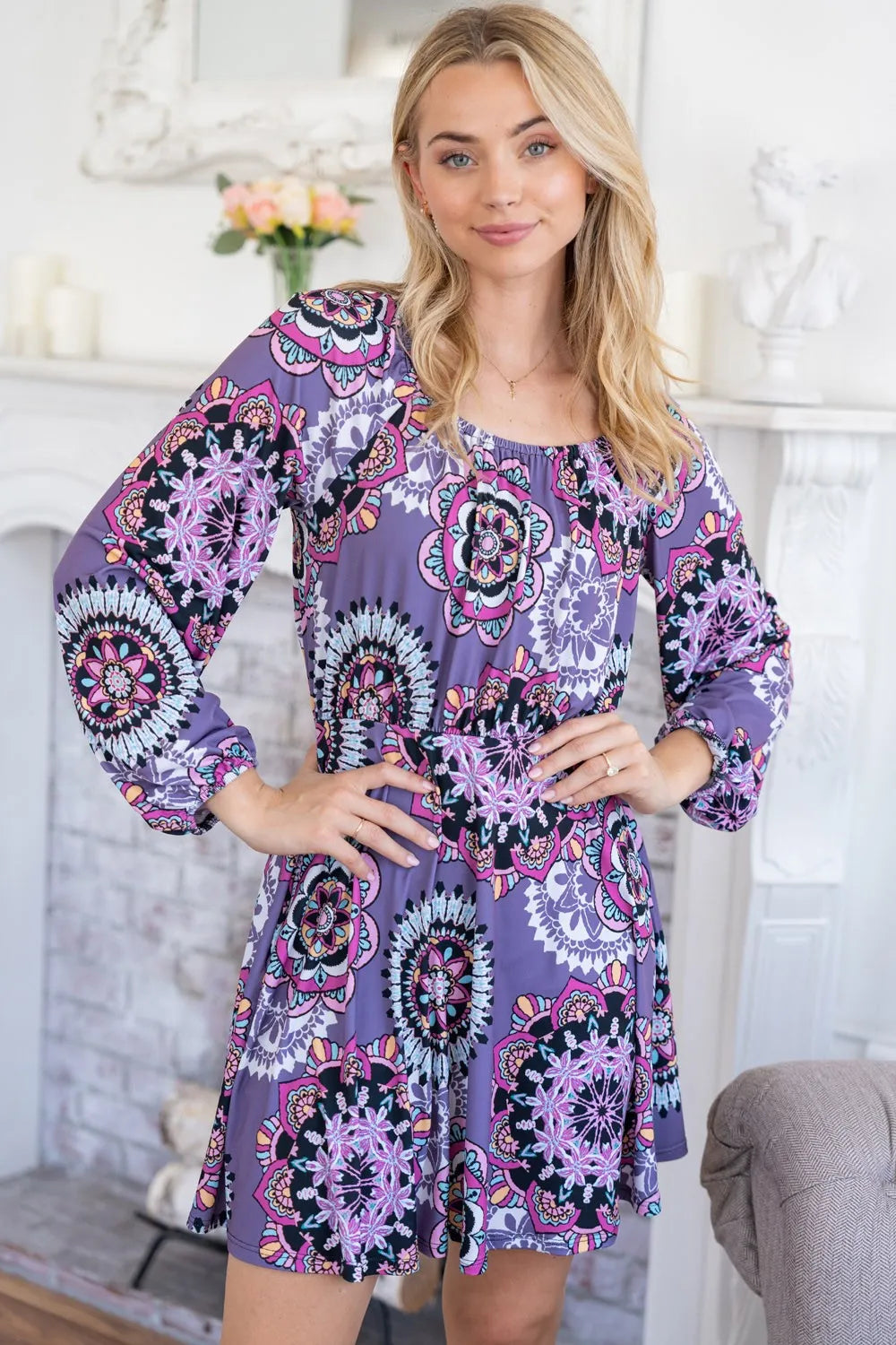 White Birch Printed Long Sleeve Mini Dress with Short Liner Purple 4b6ab441-7610-4528-b677-b3e28baa5f7f-Max