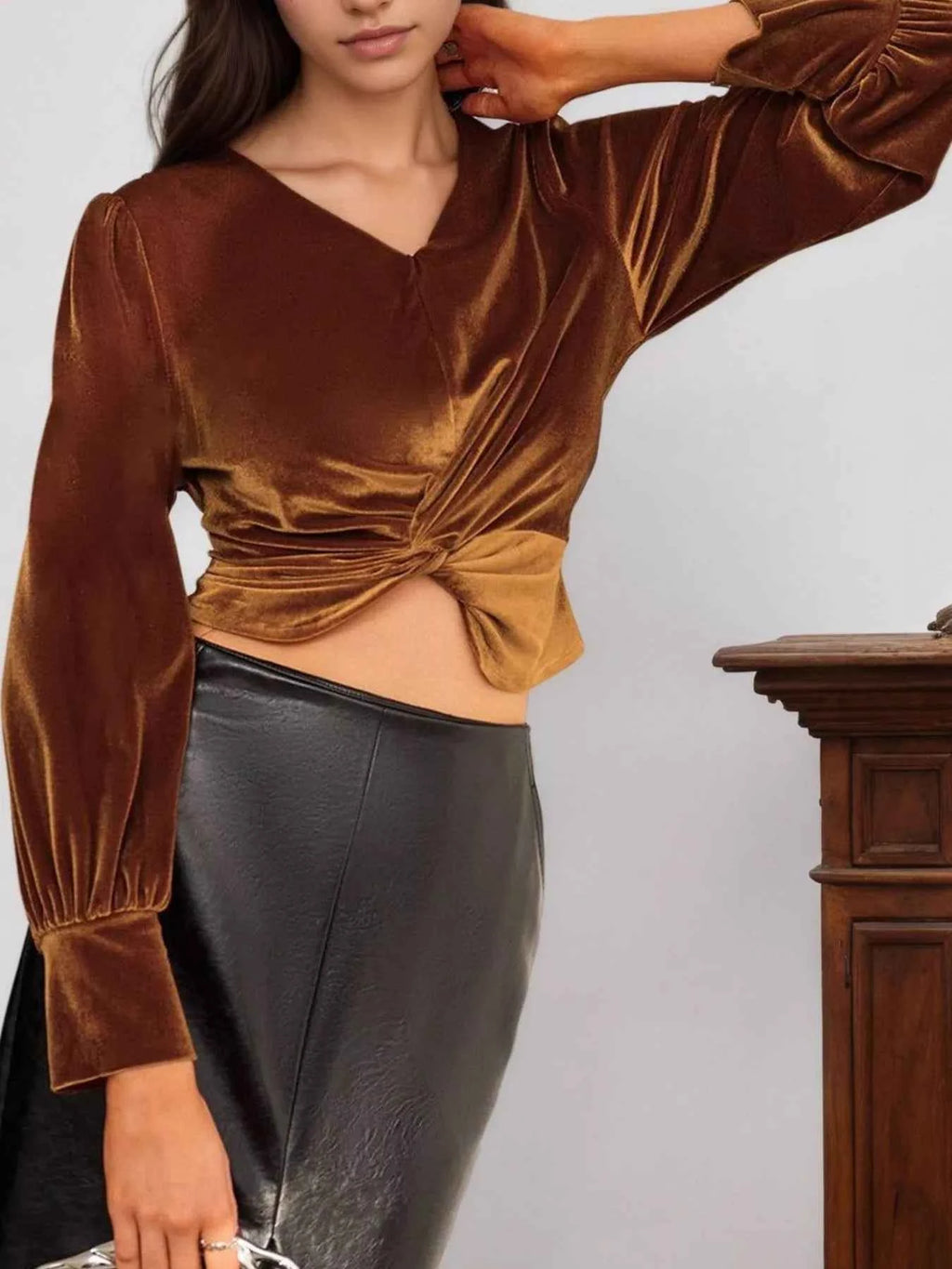 Twisted V-Neck Long Sleeve Blouse 4b723778-f532-483b-b7d0-78969f1bb5bf-Max-Origin