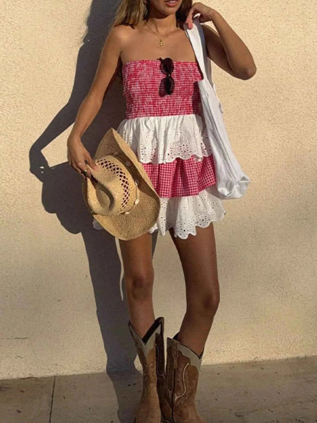 Eyelet Gingham Ruffle Layered Tube Dress 4b84074d-b83d-425f-83c6-f035adf39425-Max-Origin