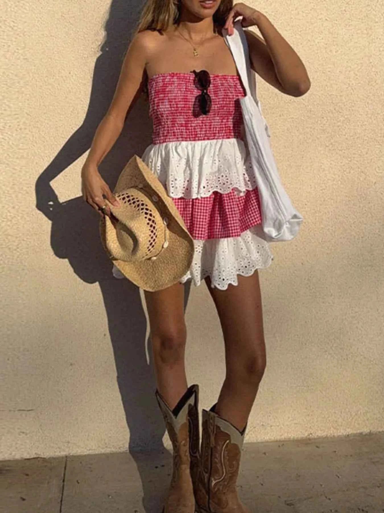 Eyelet Gingham Ruffle Layered Tube Dress 4b84074d-b83d-425f-83c6-f035adf39425-Max-Origin