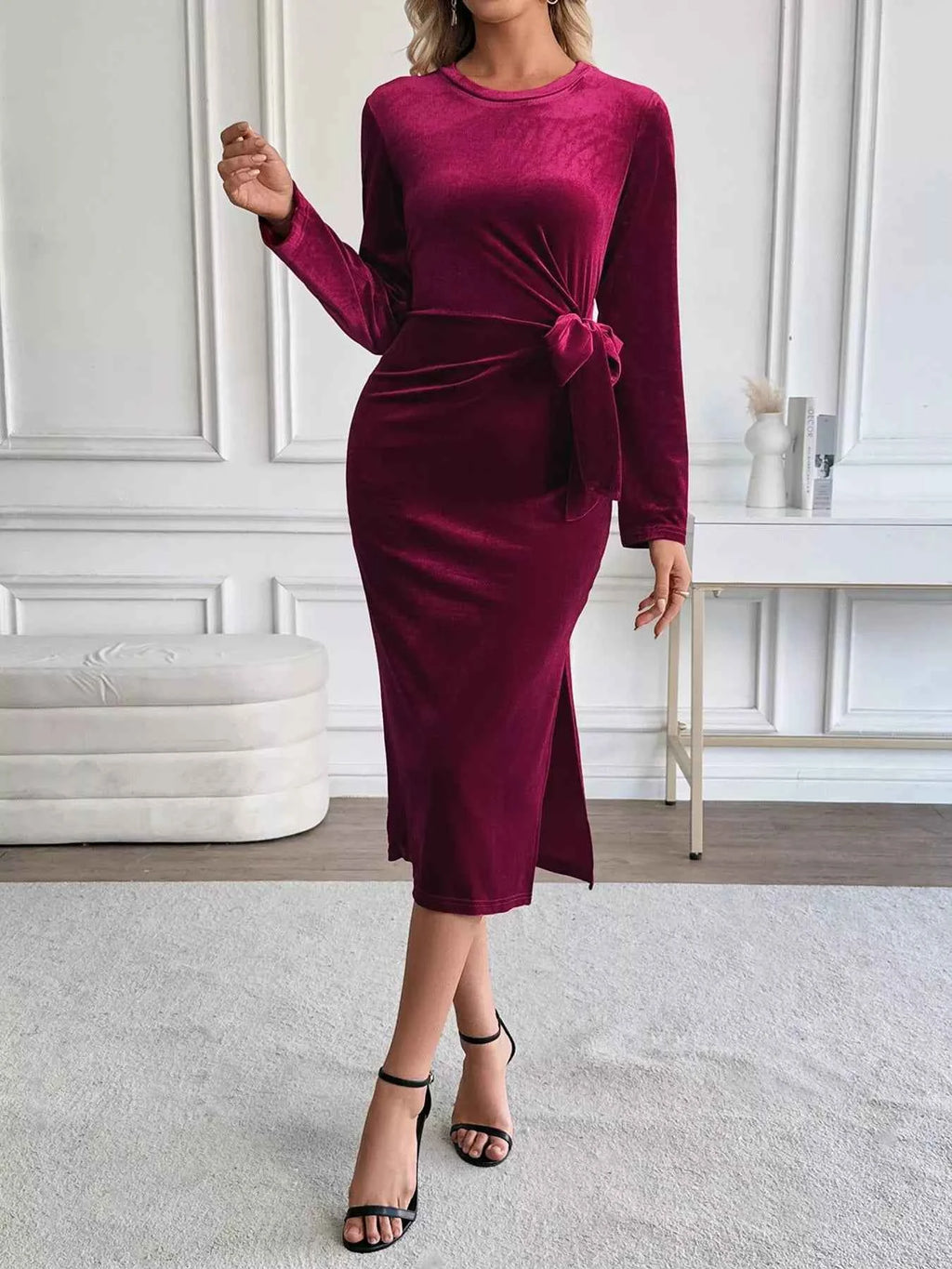 Velvet Slit Round Neck Long Sleeve Dress with Side Tie Detail 4b8e9aaa-9b54-4646-9ebd-344ca3e33742-Max-Origin