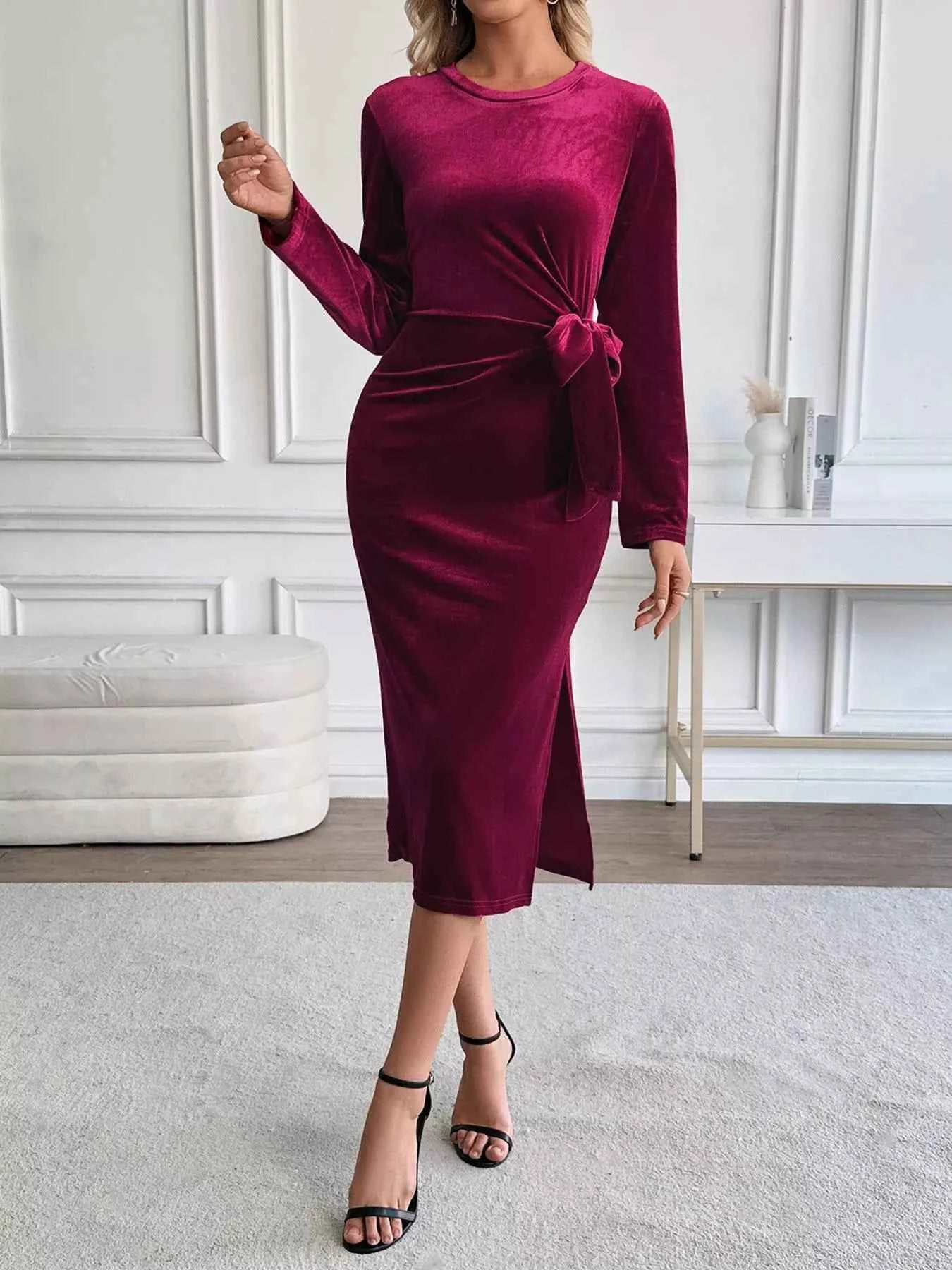 Velvet Slit Round Neck Long Sleeve Dress with Side Tie Detail 4b8e9aaa-9b54-4646-9ebd-344ca3e33742-Max-Origin
