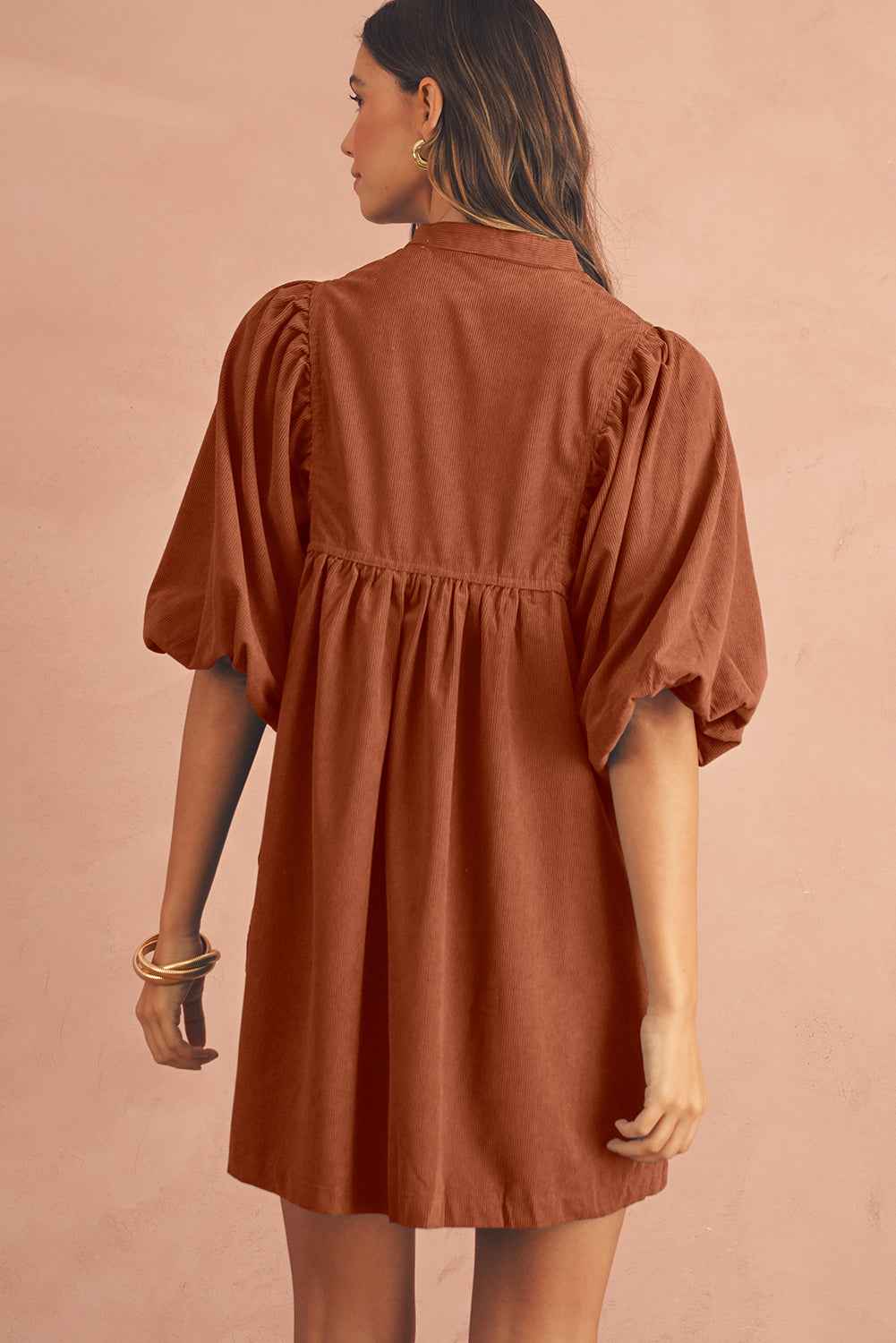 Gold Flame Light Snap Button Empire Waist Lantern Sleeve Corduroy Dress 4b94eb033d264a11
