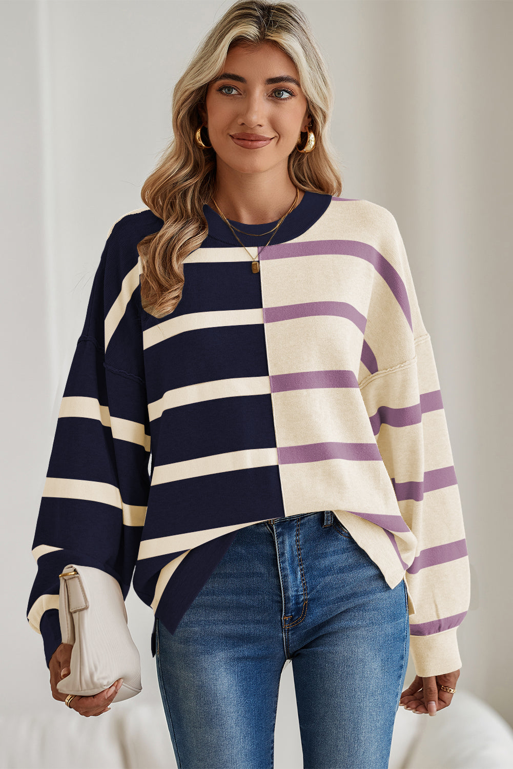 Blue Stripe Exposed Seam Patchwork Loose Sweatshirts 4b96101552fb04aa