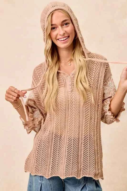 BiBi Jacquard Flower Puff Sleeve Hooded Knit Top 4b9b2c85-c772-4aa3-901a-99f8b42103d8-Max-Origin