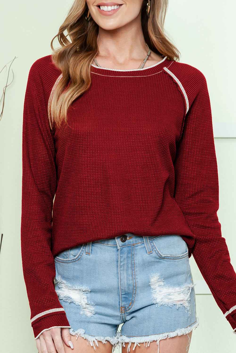 Red Exposed Seam Textured Pullover Long Sleeve Top Red 95%Polyester+5%Elastane 4b9be21e316e7787