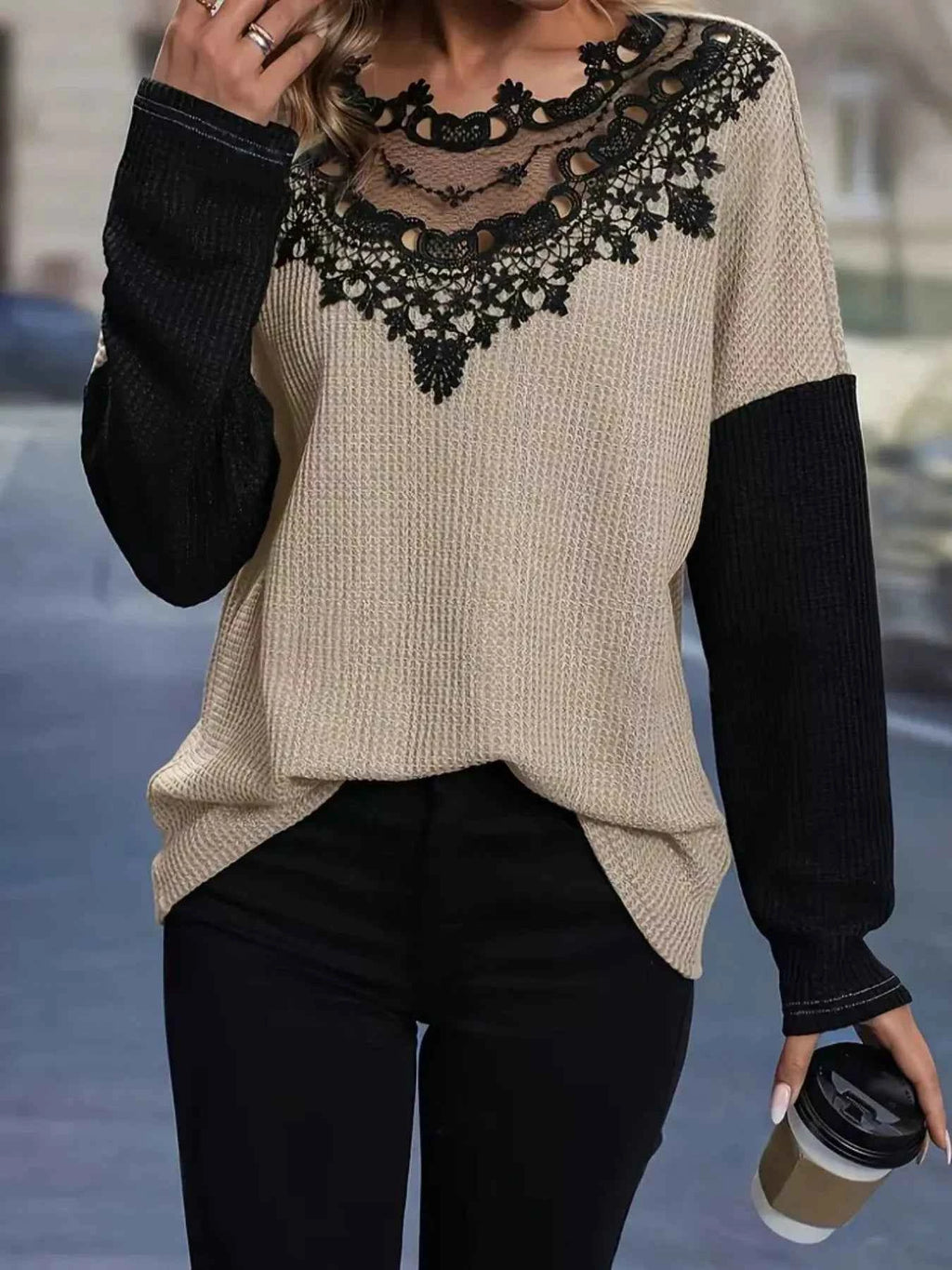 Lace Detail Color Block Long Sleeve T-Shirt 4bc65580-6932-40b3-b396-6e5bf61f3907-Max-Origin