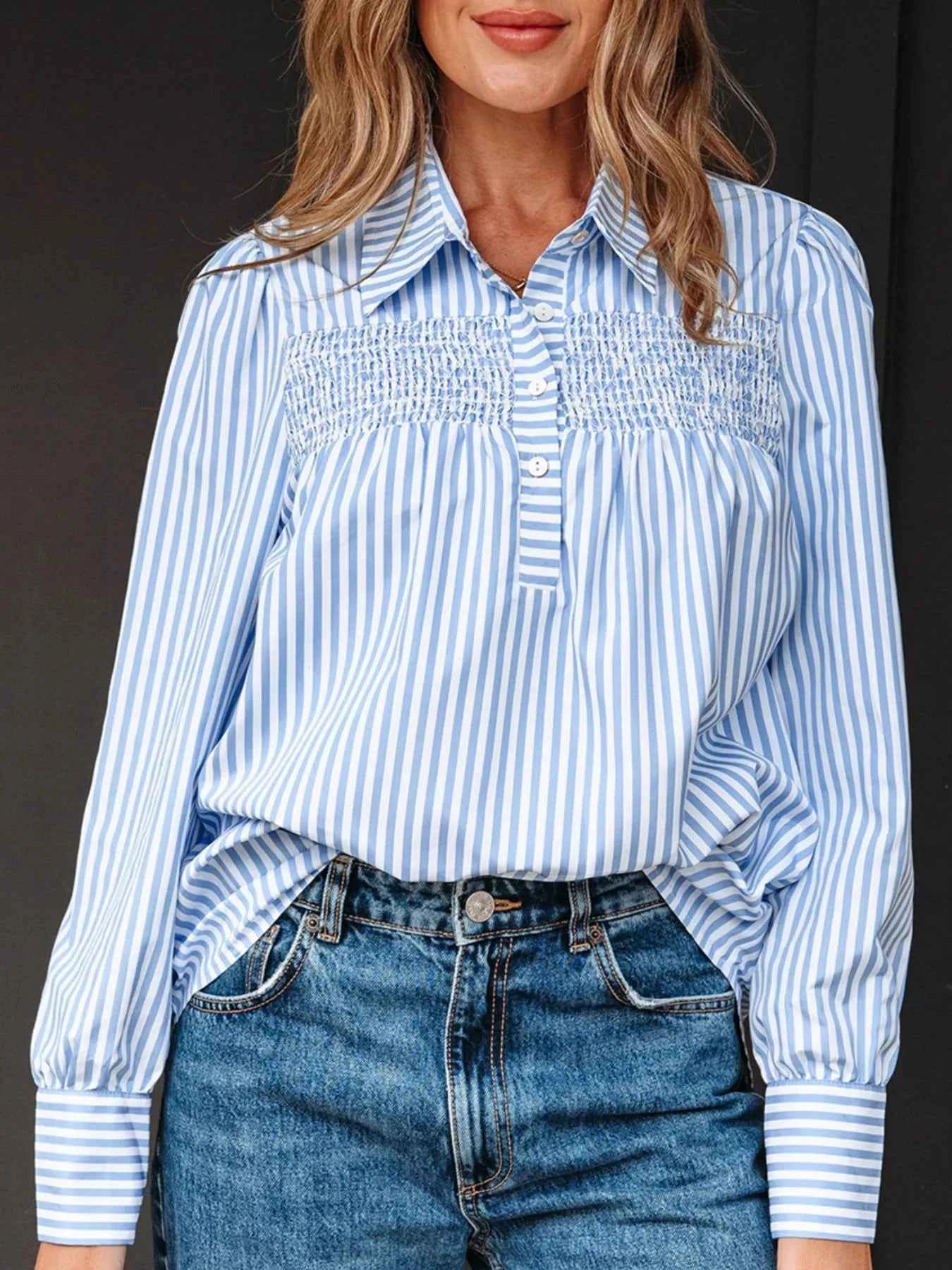 Stripe Shirred Detail Half Placket Collared Long Sleeve Shirt Light Blue 4bd37512-39dc-4892-9eaf-03c8617d3c95-Max-Origin